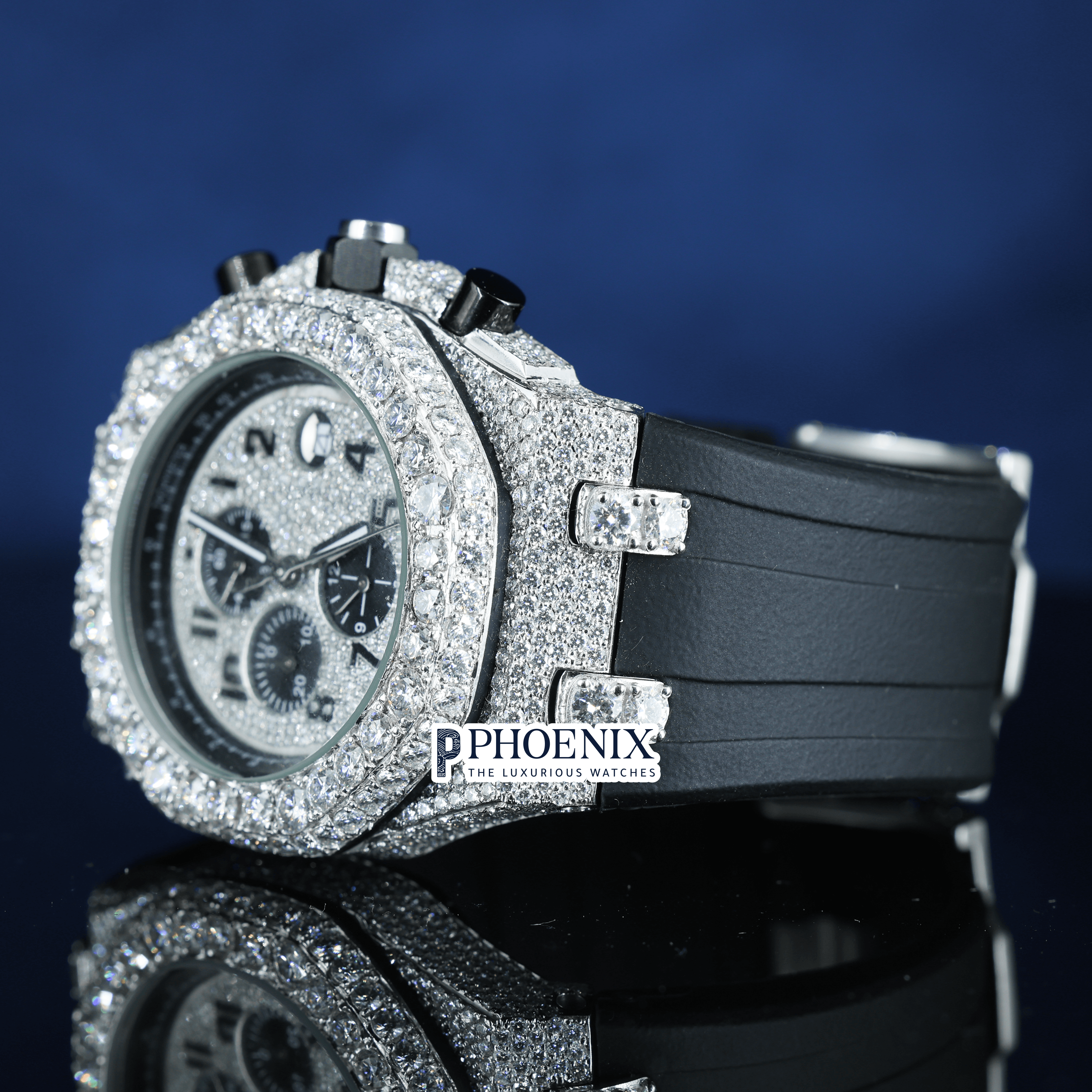 White Dial Chronograph Black Rubber Strap Semi Iced Out AP Moissanite Watch