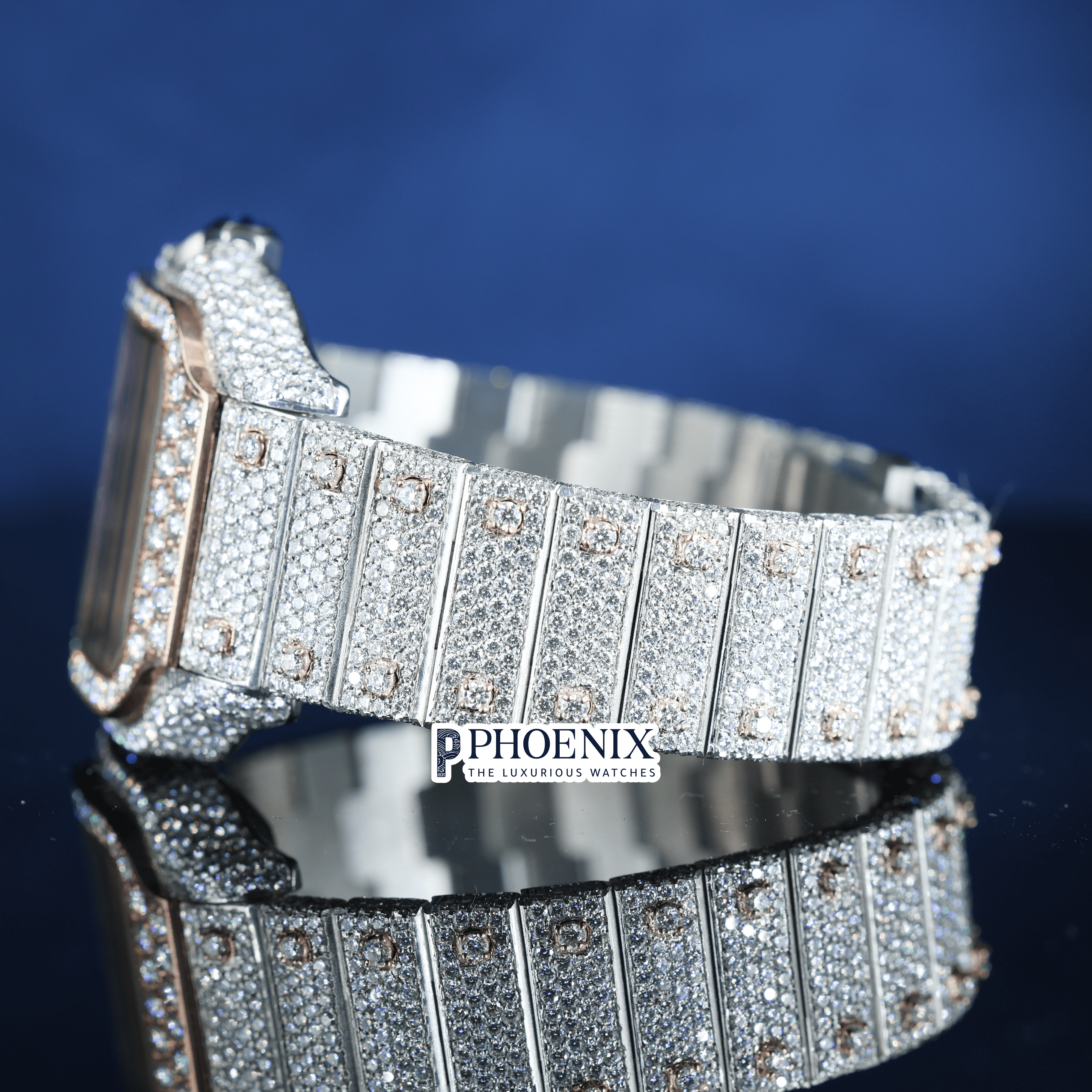 Fully Iced Black Roman Numerals Rose White Dial Moissanite Diamond Cartier Watch