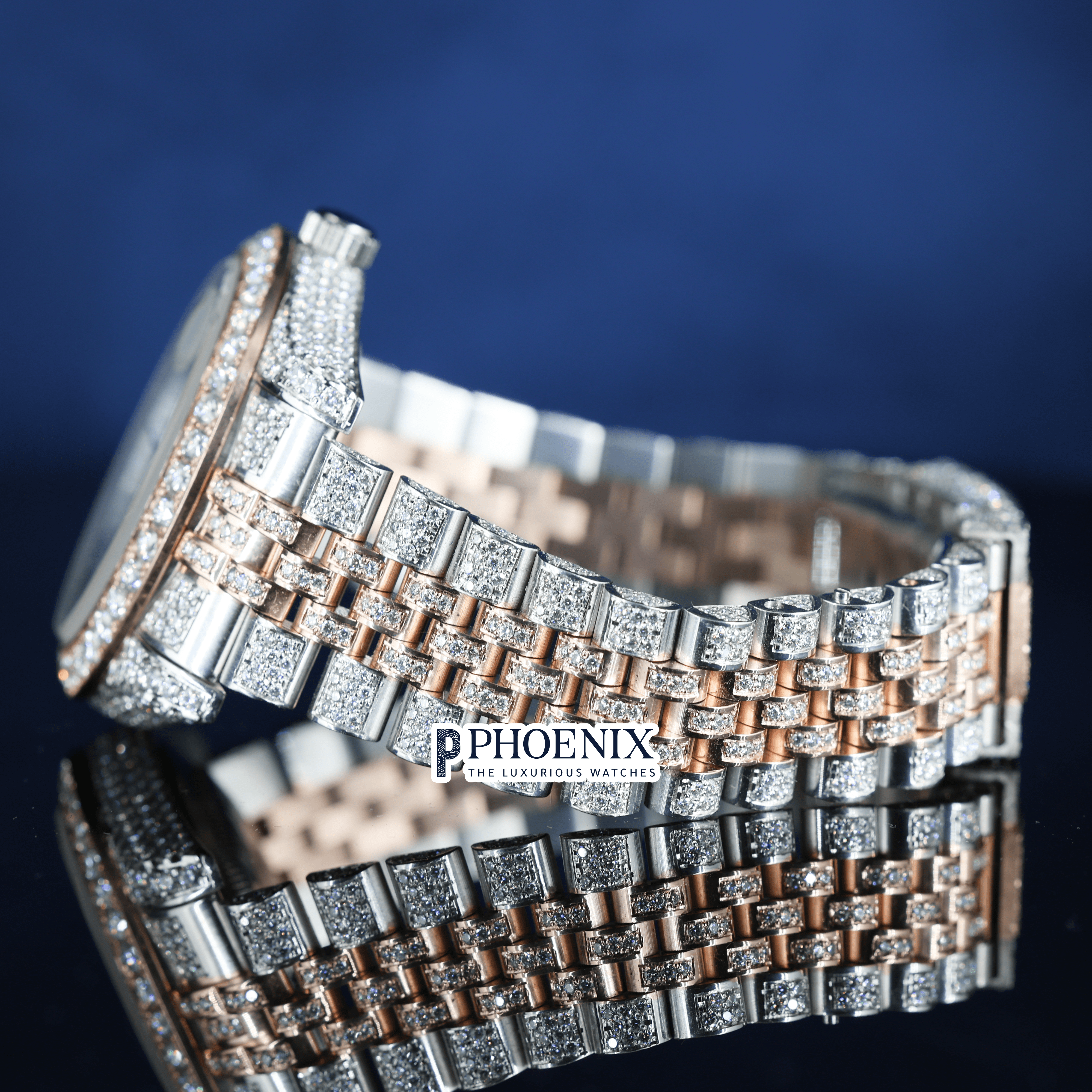 Rose Gold Dial Roman Numerals Fully Iced Out Moissanite Diamond Rolex Watch