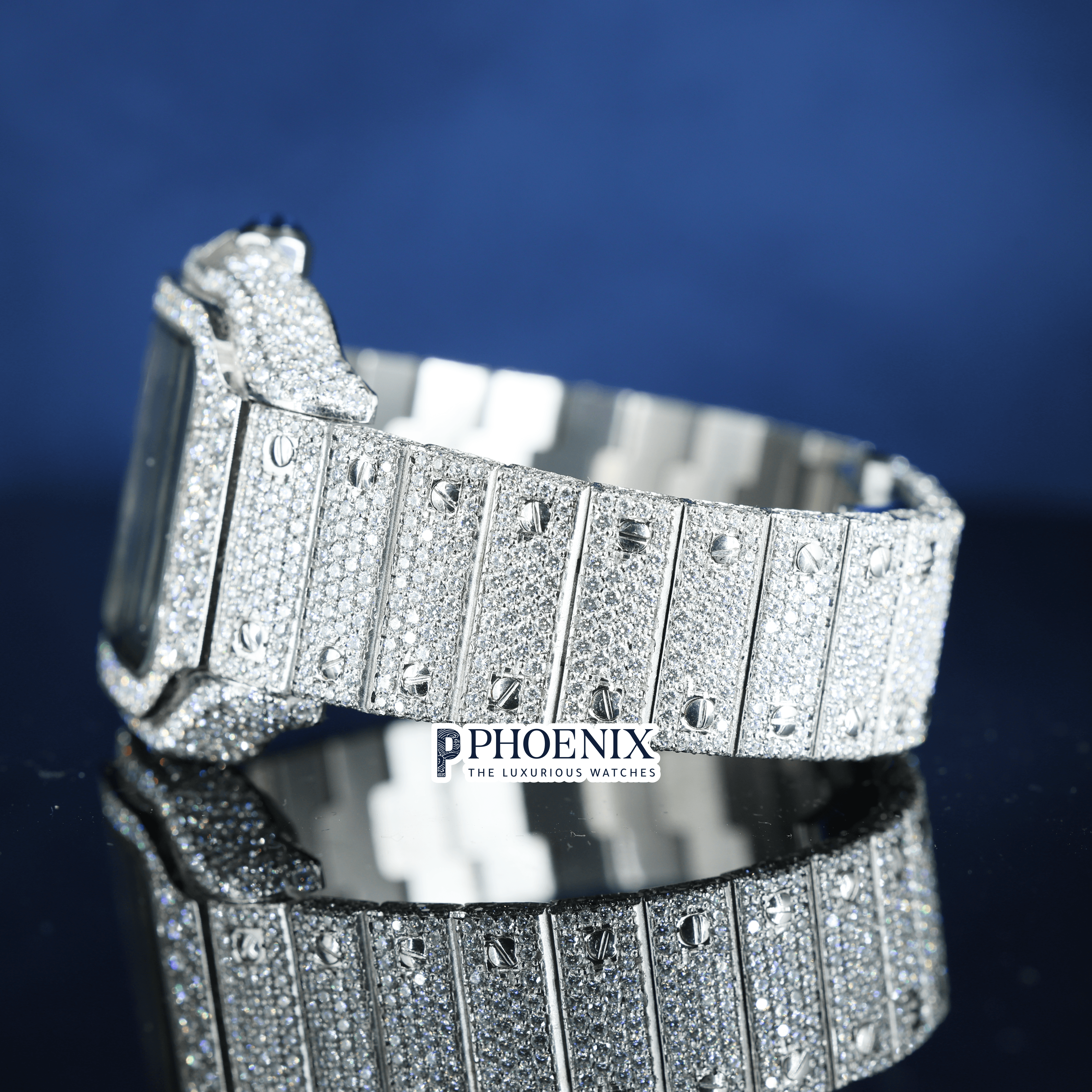 Fully Iced Rainbow Roman Numerals White Dial Moissanite Diamond Cartier Watch