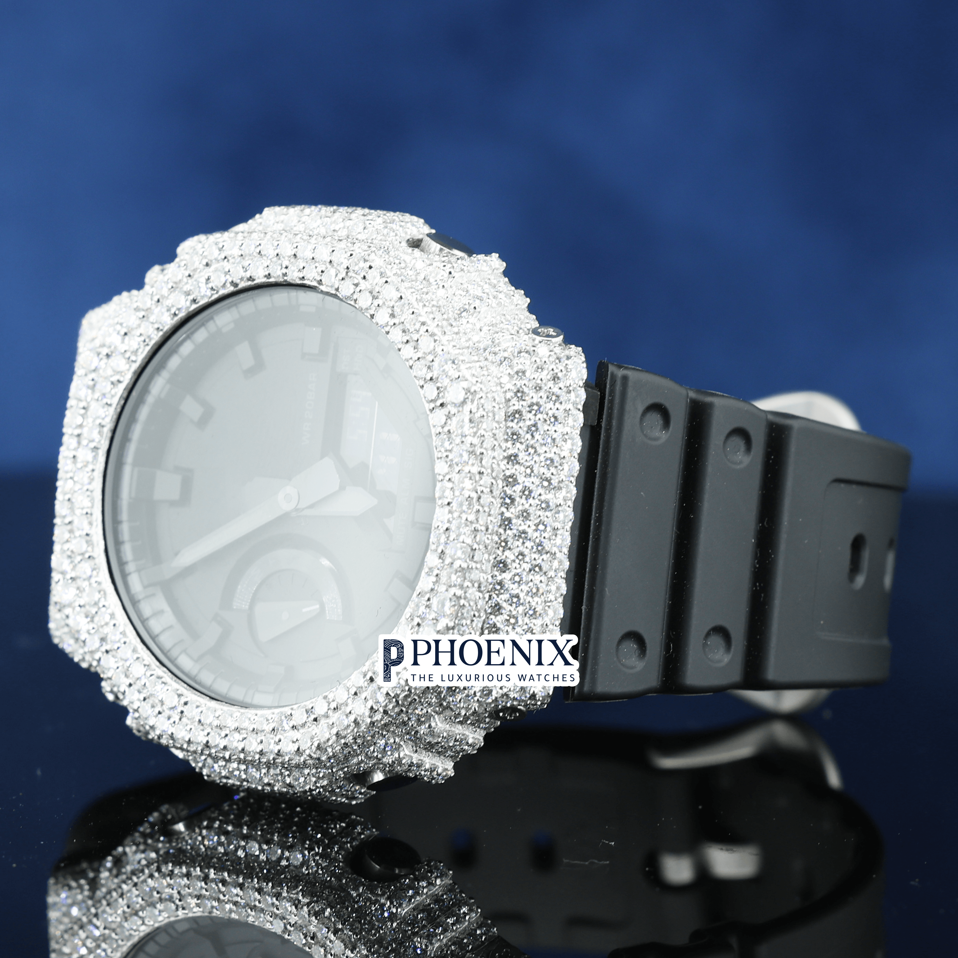 Custom Black Dial Iced Out White Gshock Watch with Black Strap