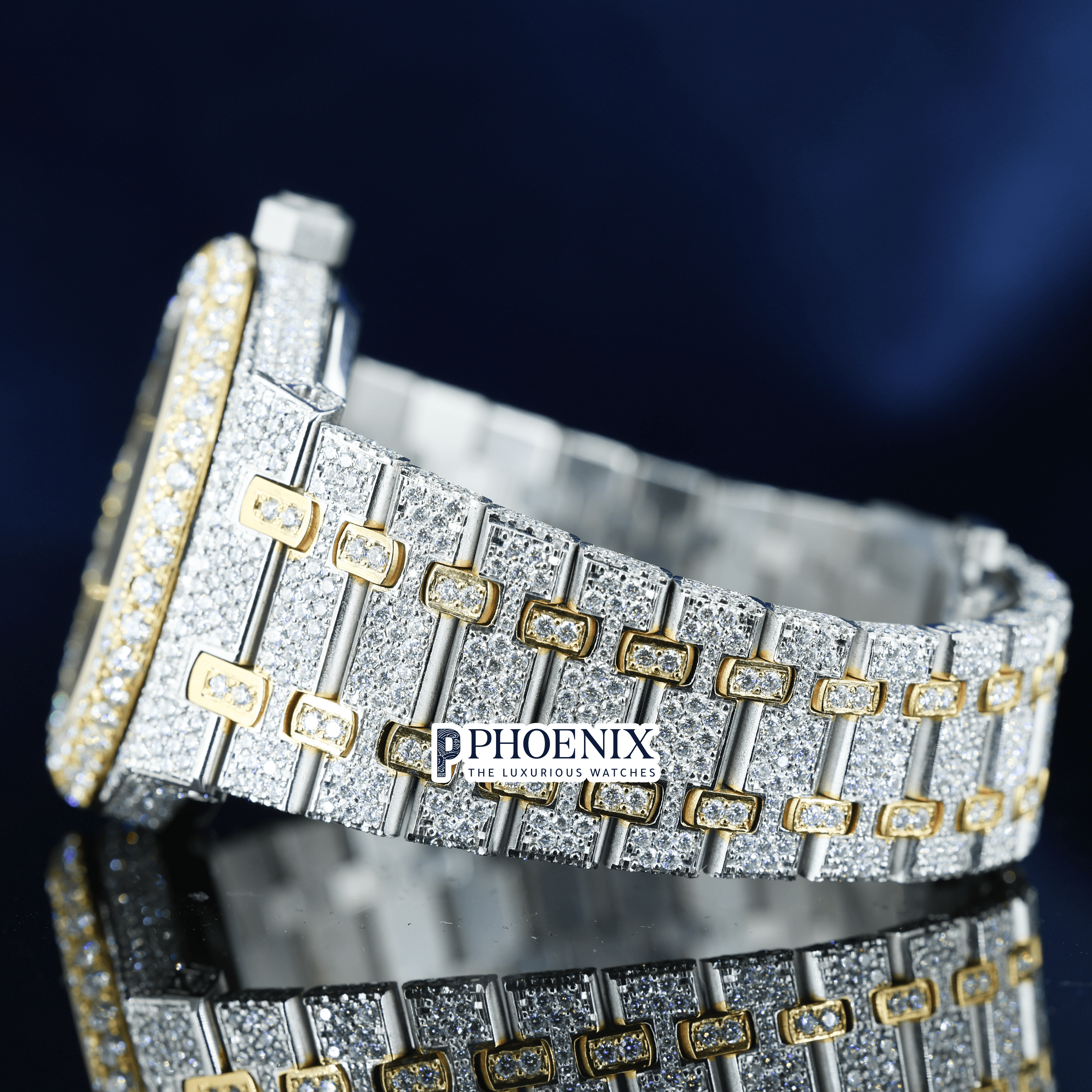 Yellow Dial Black Stick Markers Two Tone Iced Out Moissanite Diamond AP Watch