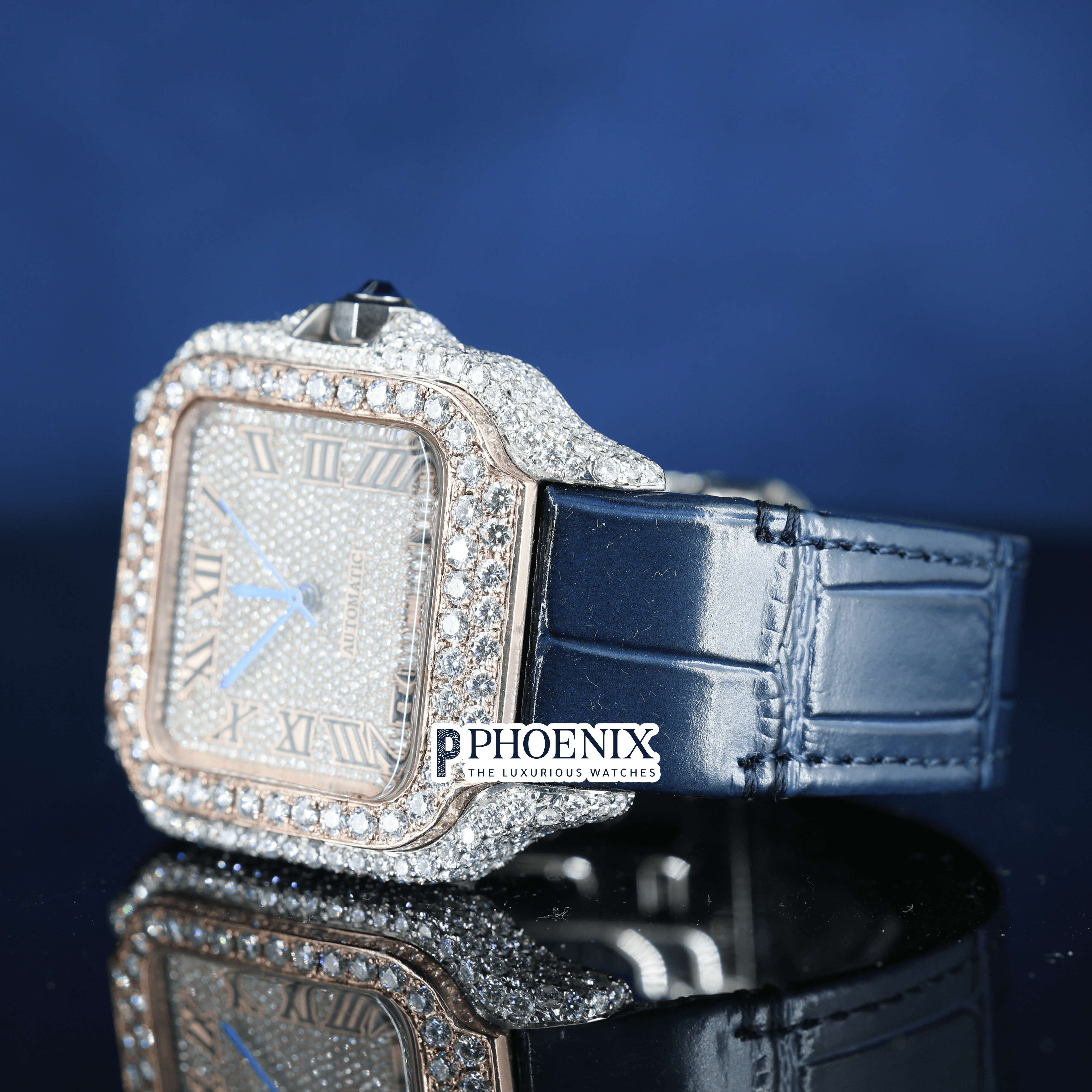 Rose Gold Roman Dial Semi Iced Out Blue Leather Strap Moissanite Cartier Watch