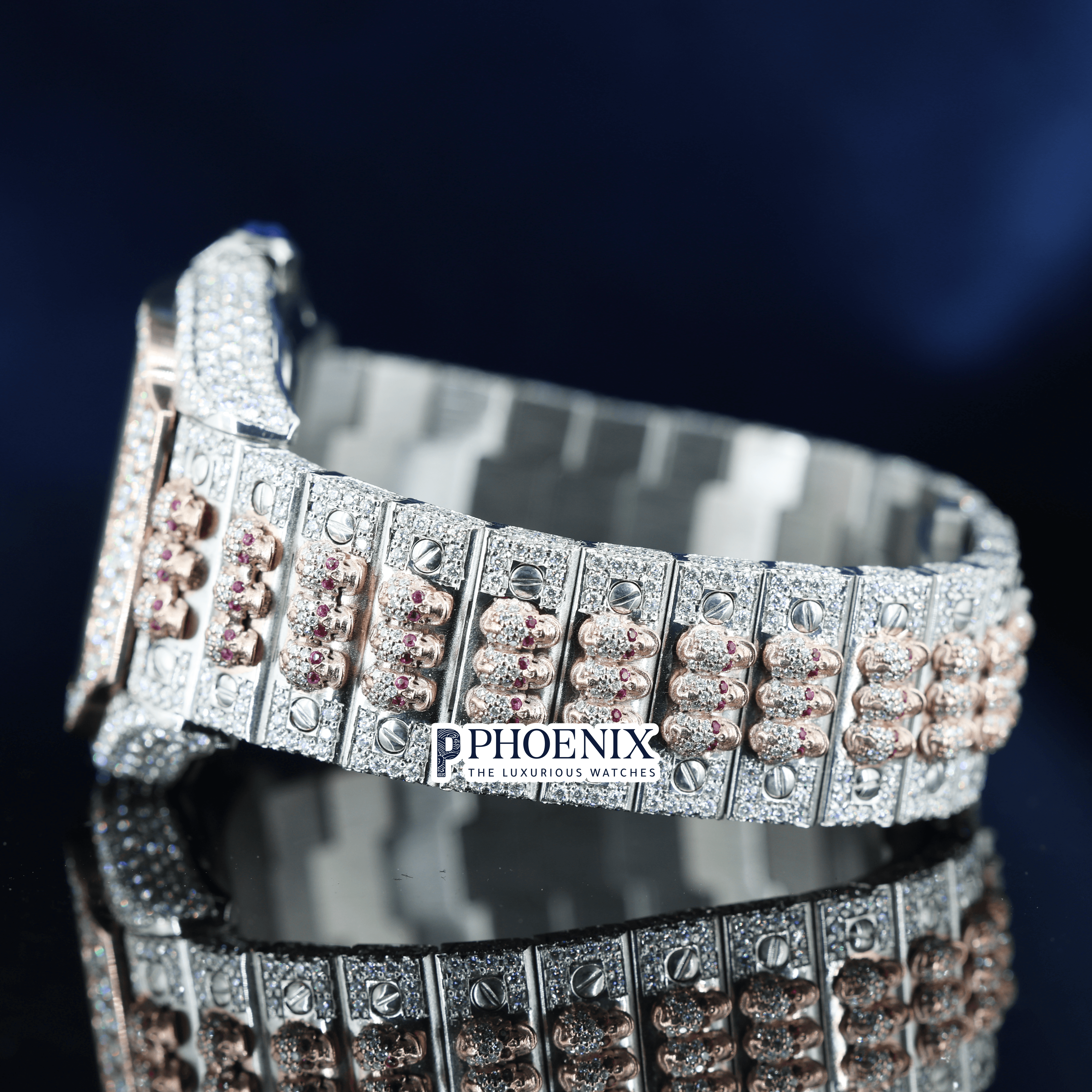 Rose Gold Dial Black Roman Numerals Moissanite Diamond Cartier Watch
