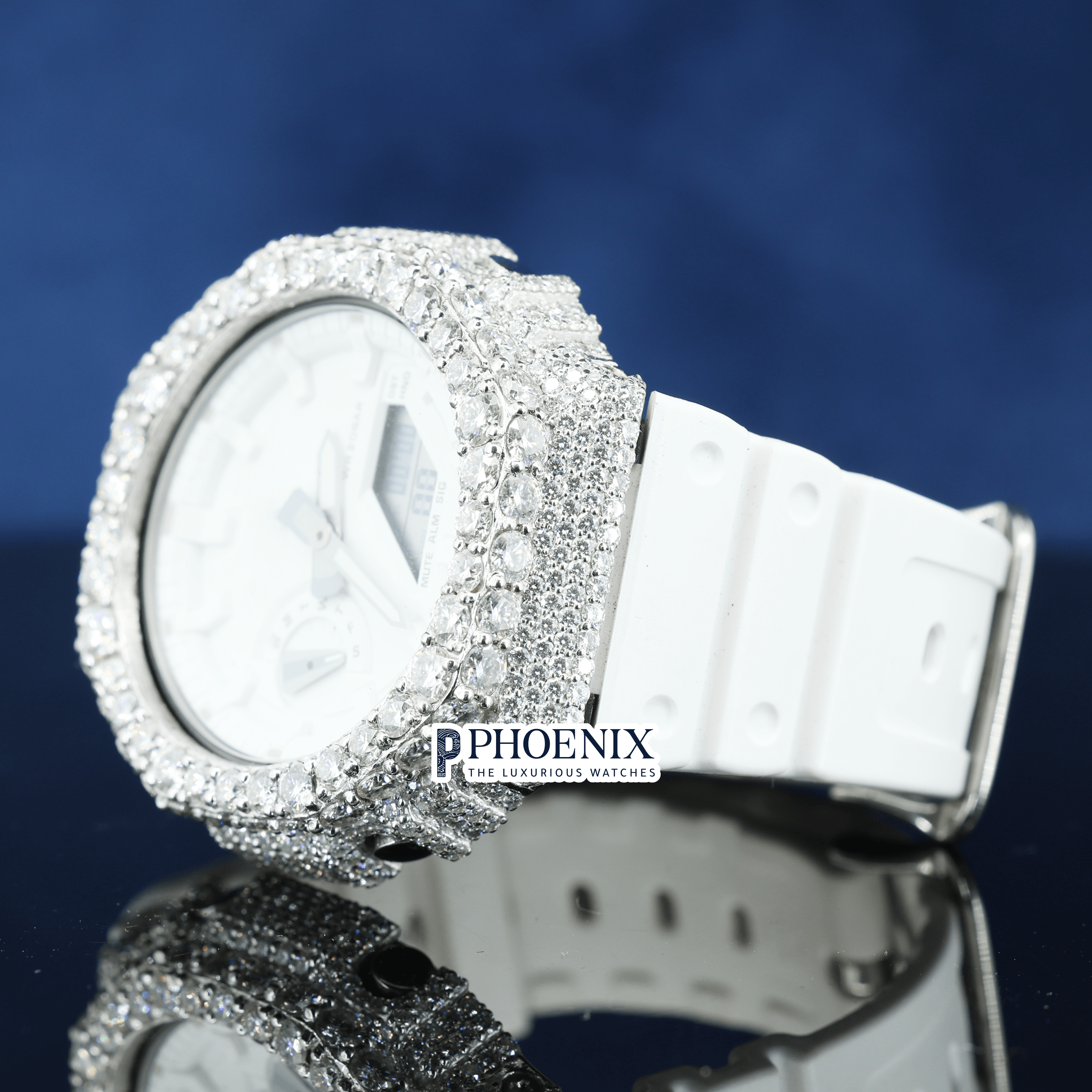 Custom Dial Iced Out White Gshock Watch with White Strap