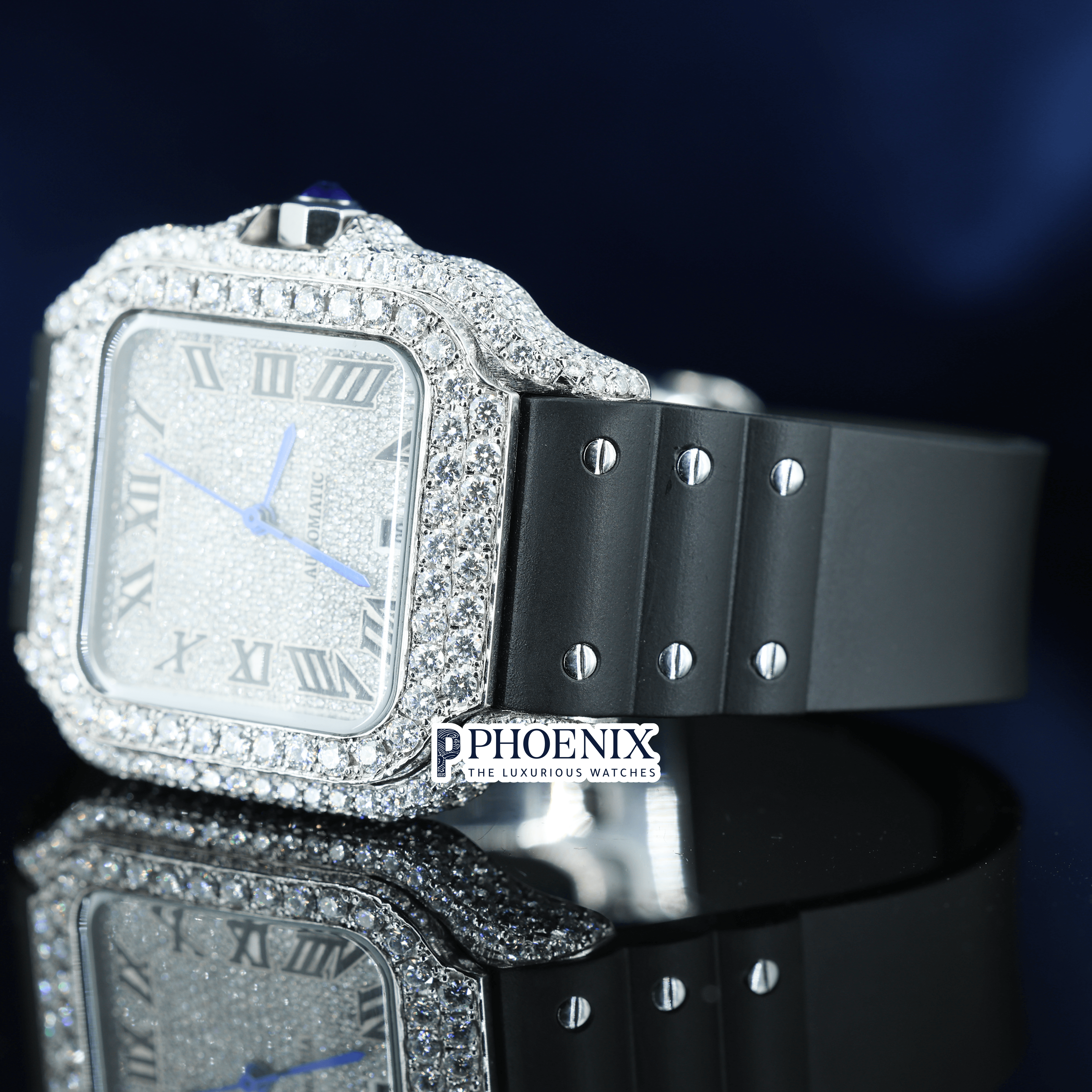 White Dial Black Roman Numerals Black Leather Strap Moissanite Diamond Cartier Watch