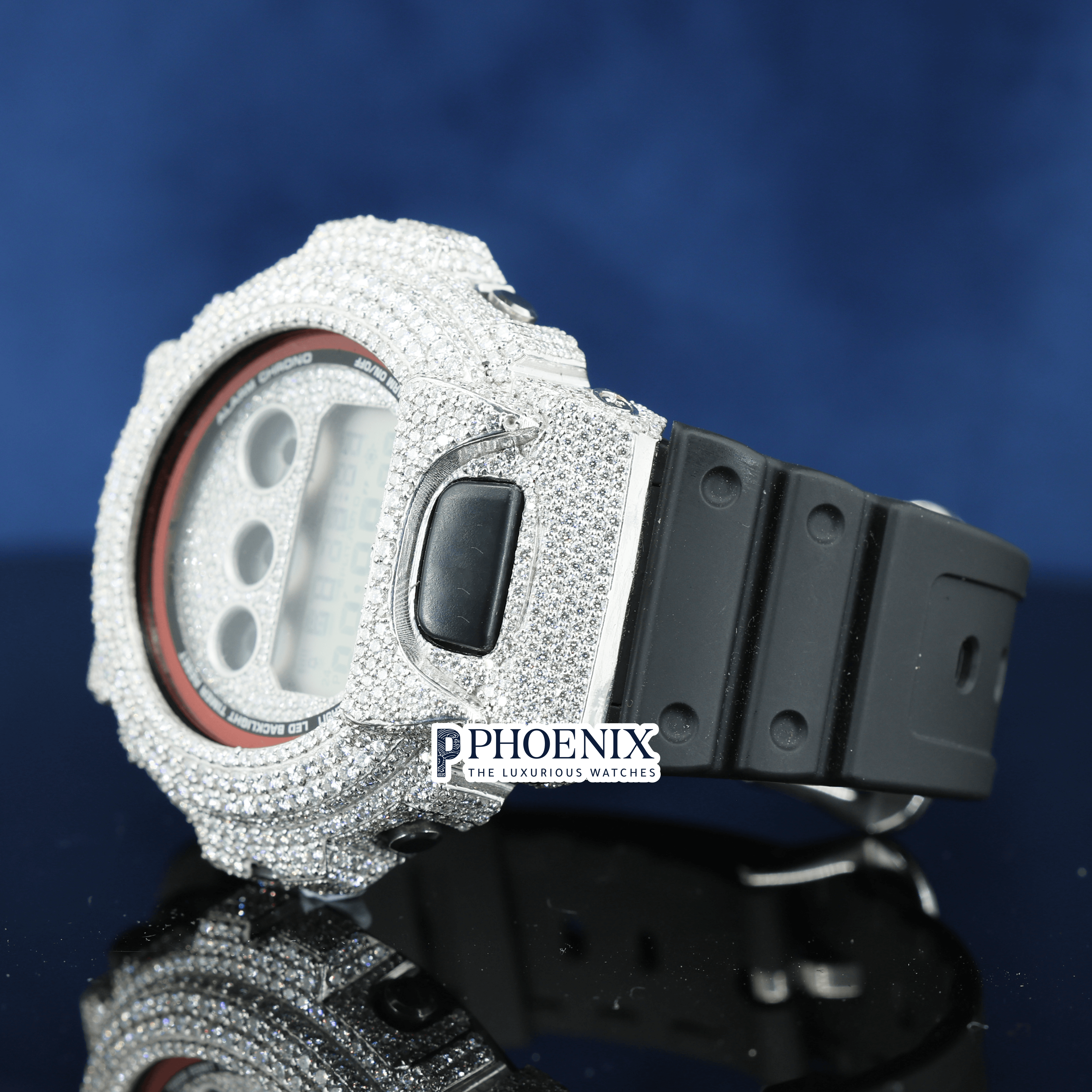 Custom Dial Iced Out White Digital Gshock Watch with Black Strap