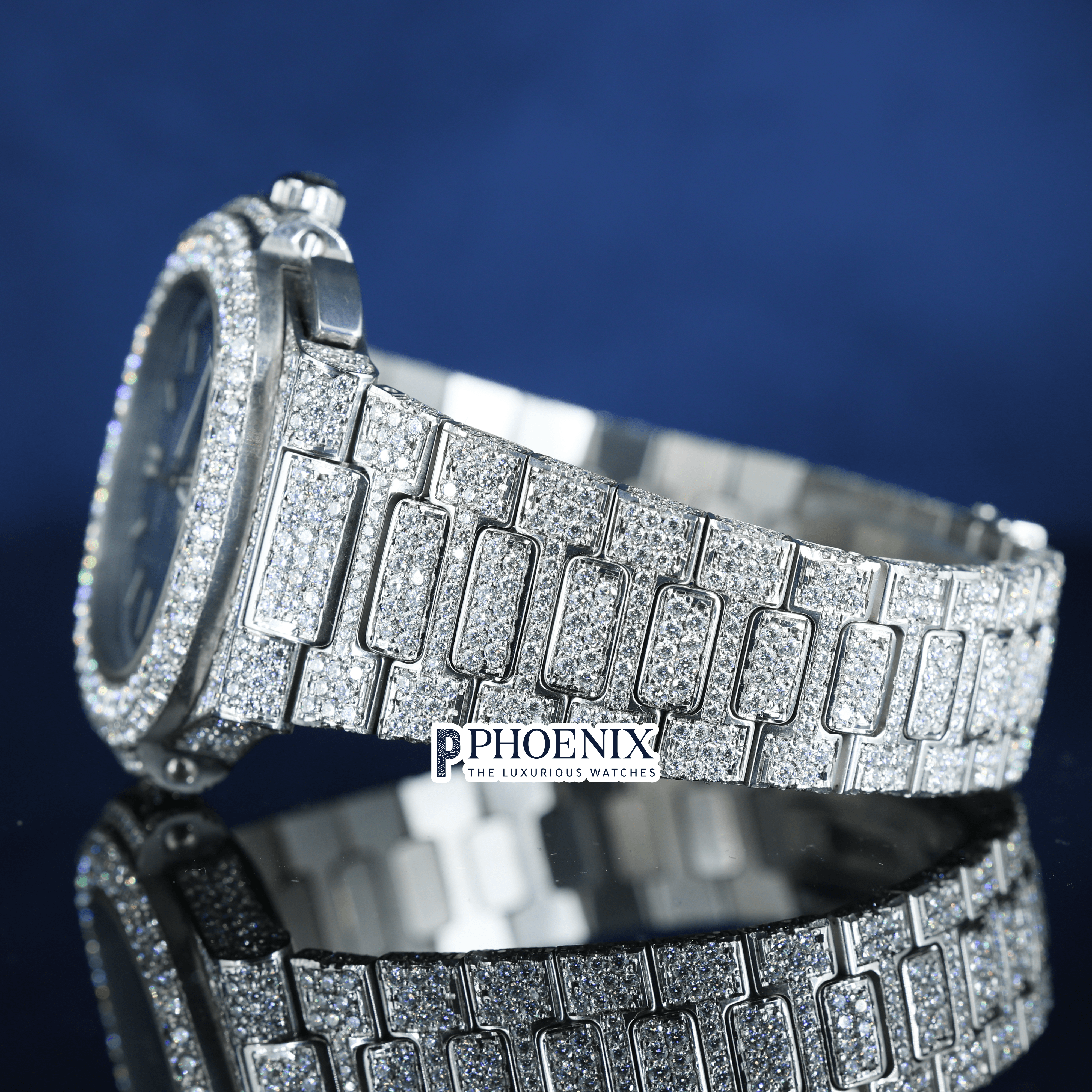 Patek Philippe Blue Dial Watch Moissanite Diamonds