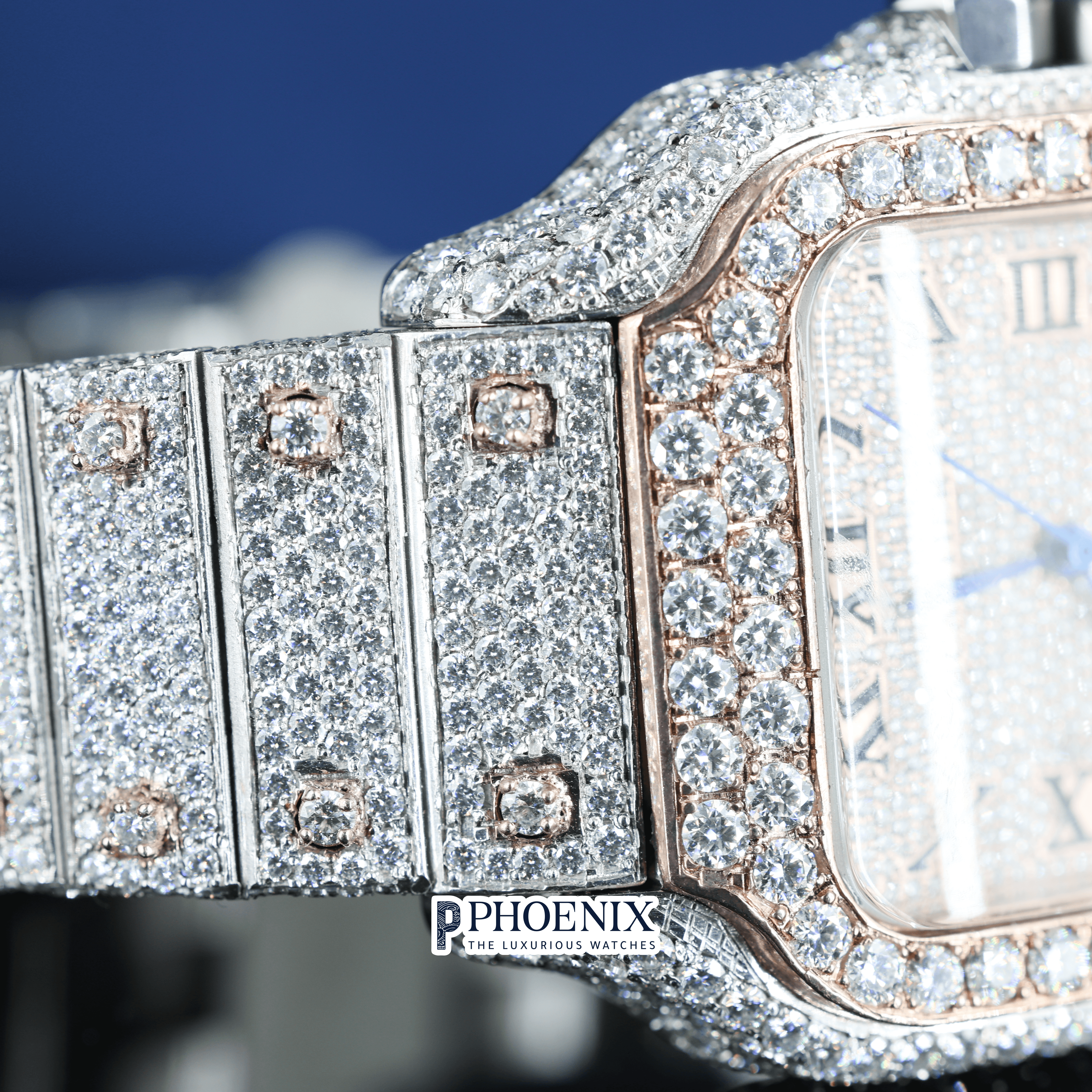 Fully Iced Black Roman Numerals Rose White Dial Moissanite Diamond Cartier Watch