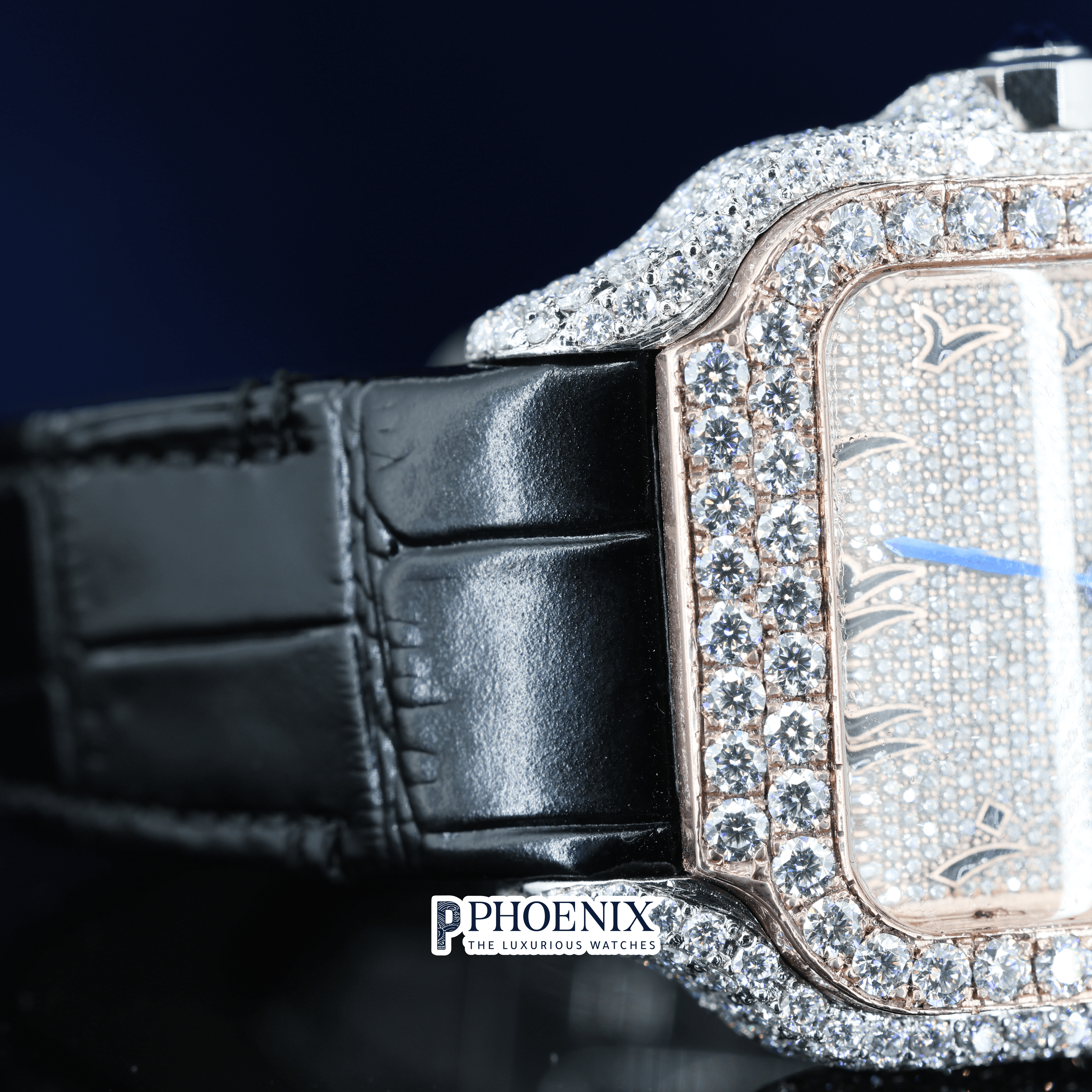 Arabic Numerals Rose Gold Dial Black Leather Strap Semi Iced Out Moissanite Cartier Watch