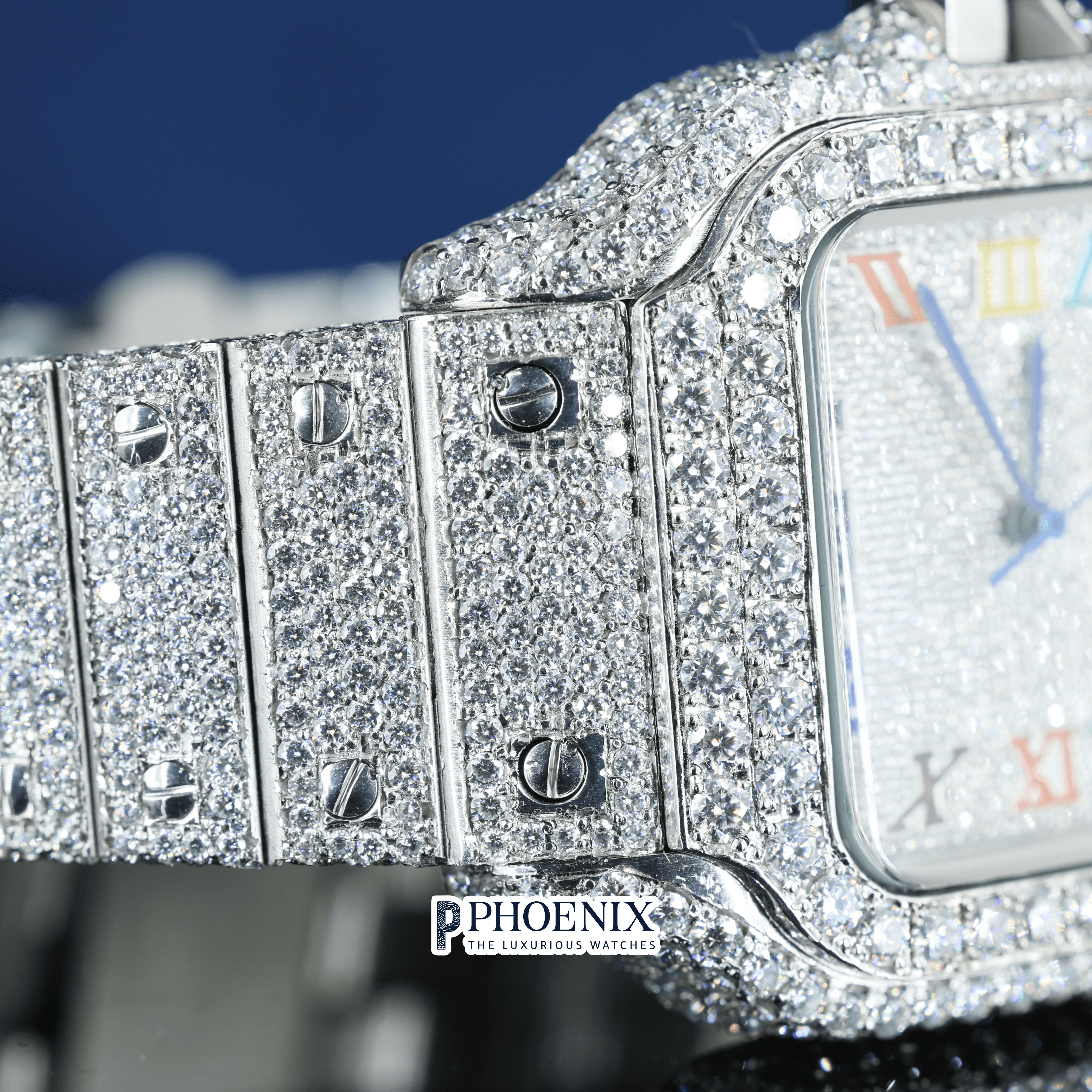 Fully Iced Rainbow Roman Numerals White Dial Moissanite Diamond Cartier Watch