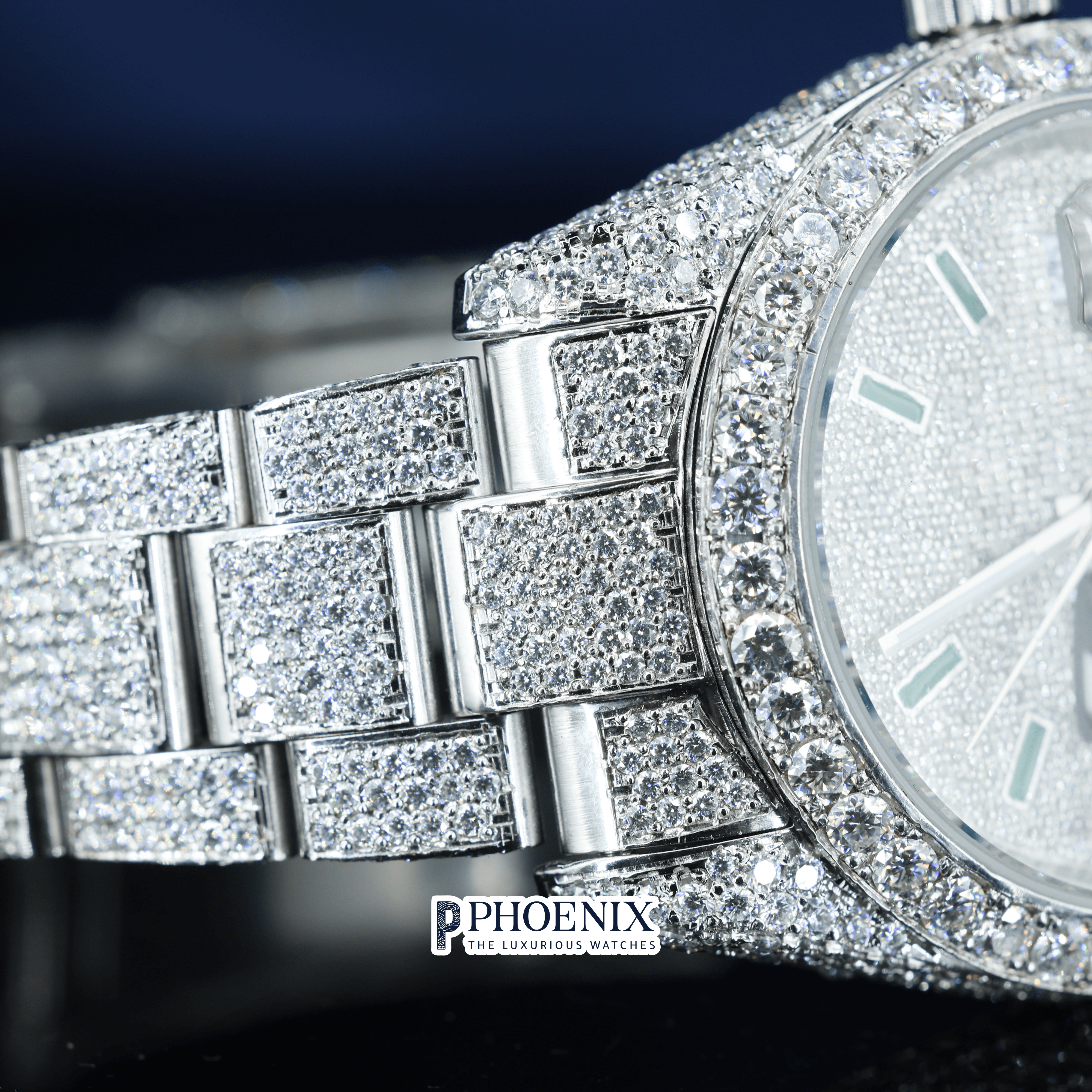 Diamond Bezel Silver Roman Dial Green Stick Markers Full Iced Out Moissanite Watch