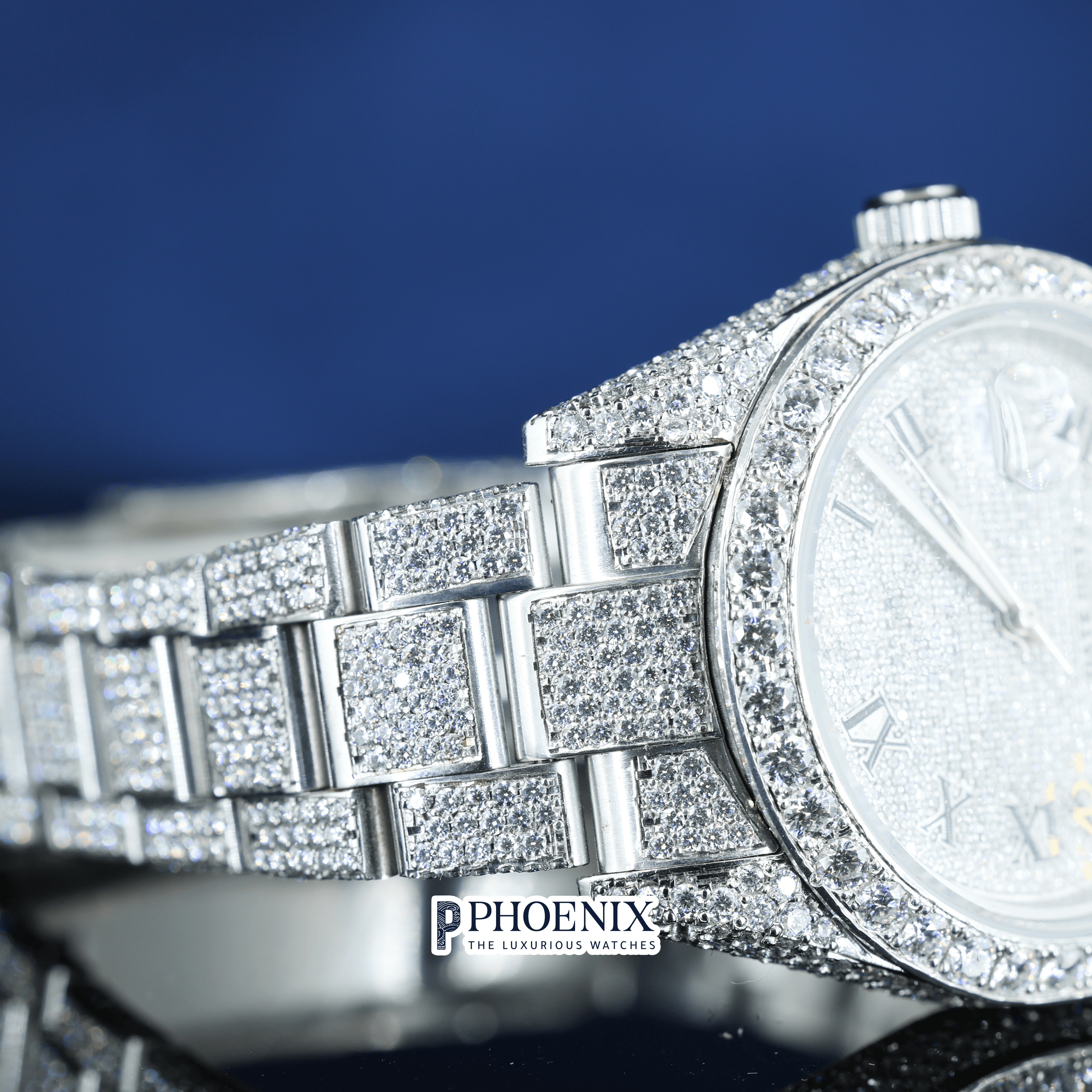 Roman Numerals Fully Iced Out White Dial Moissanite Diamond Rolex Watch