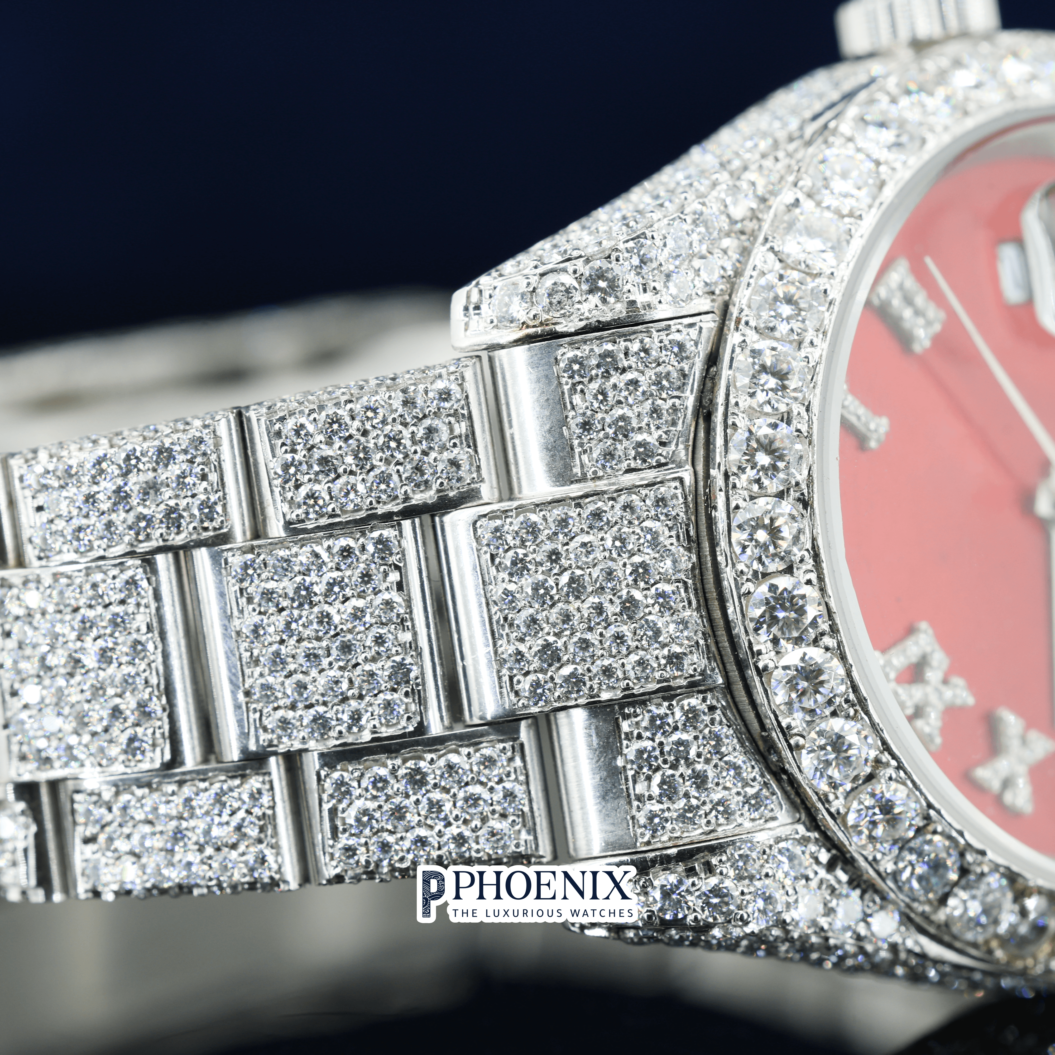 Iced Out Red Dial Roman Numerals Moissanite Diamond Rolex Watch