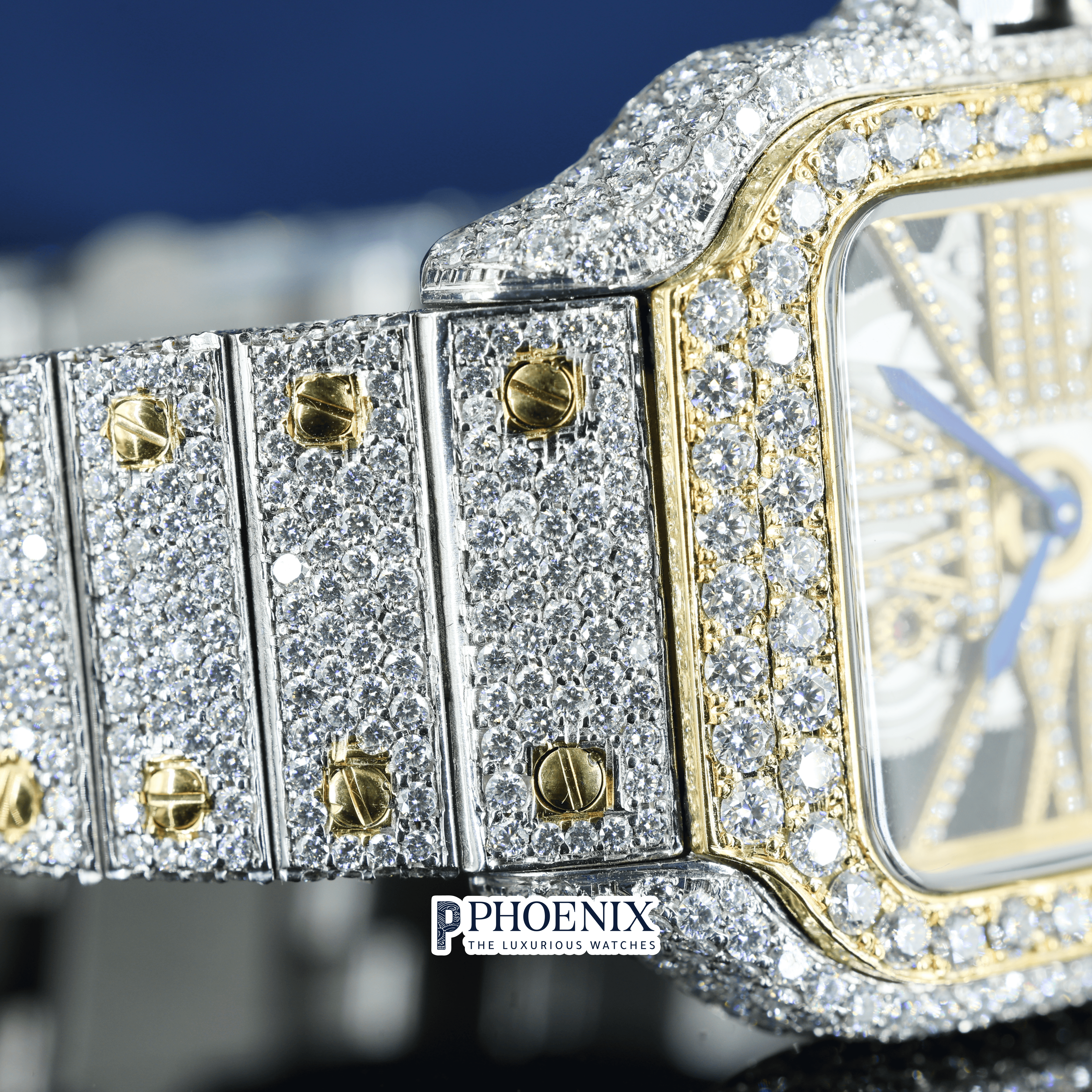 Yellow Gold Skeleton Dial Two Tone Diamond Bar Strap Moissanite Cartier Watch