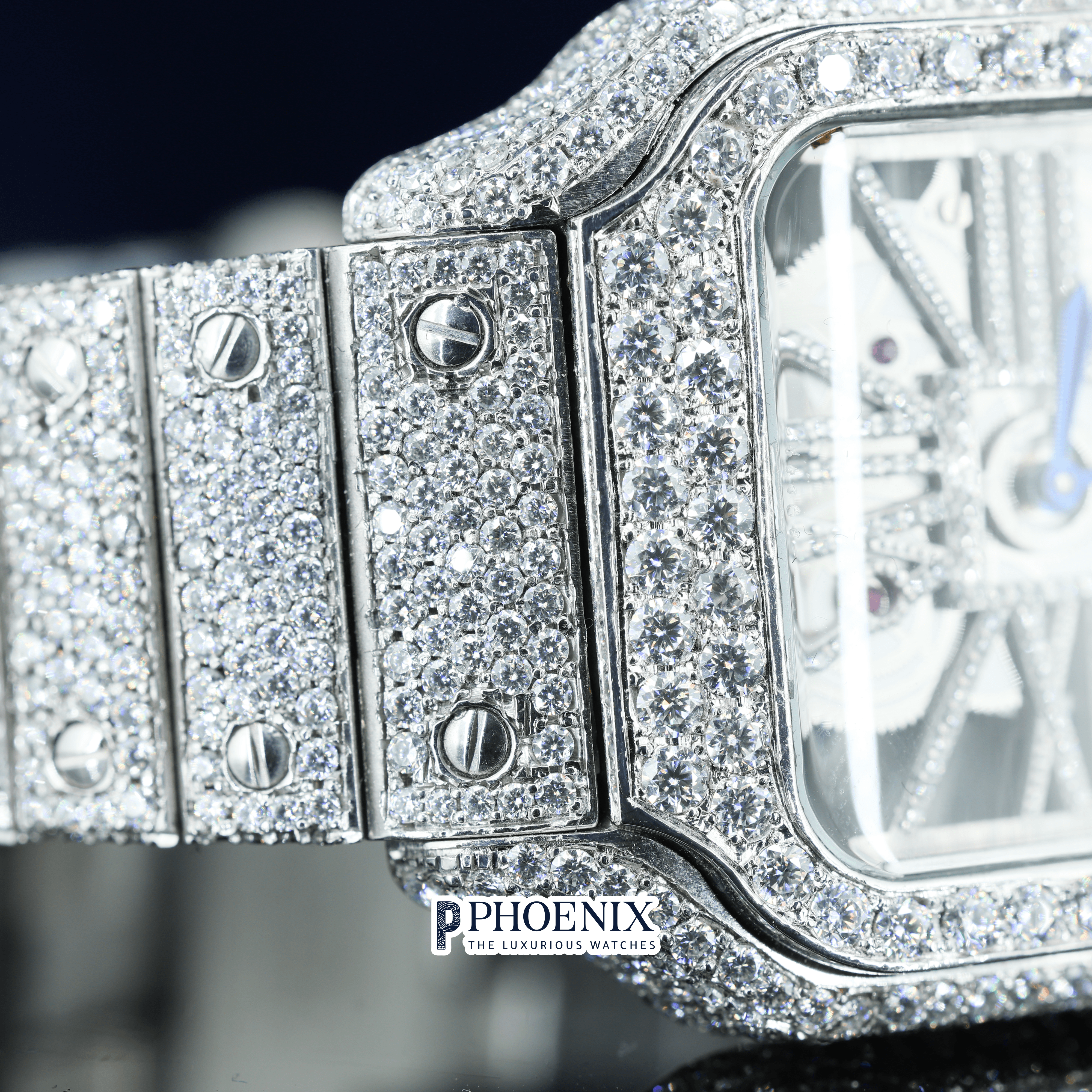 White Gold Fully Iced Out Skeleton Dial Moissanite Diamond Cartier Watch