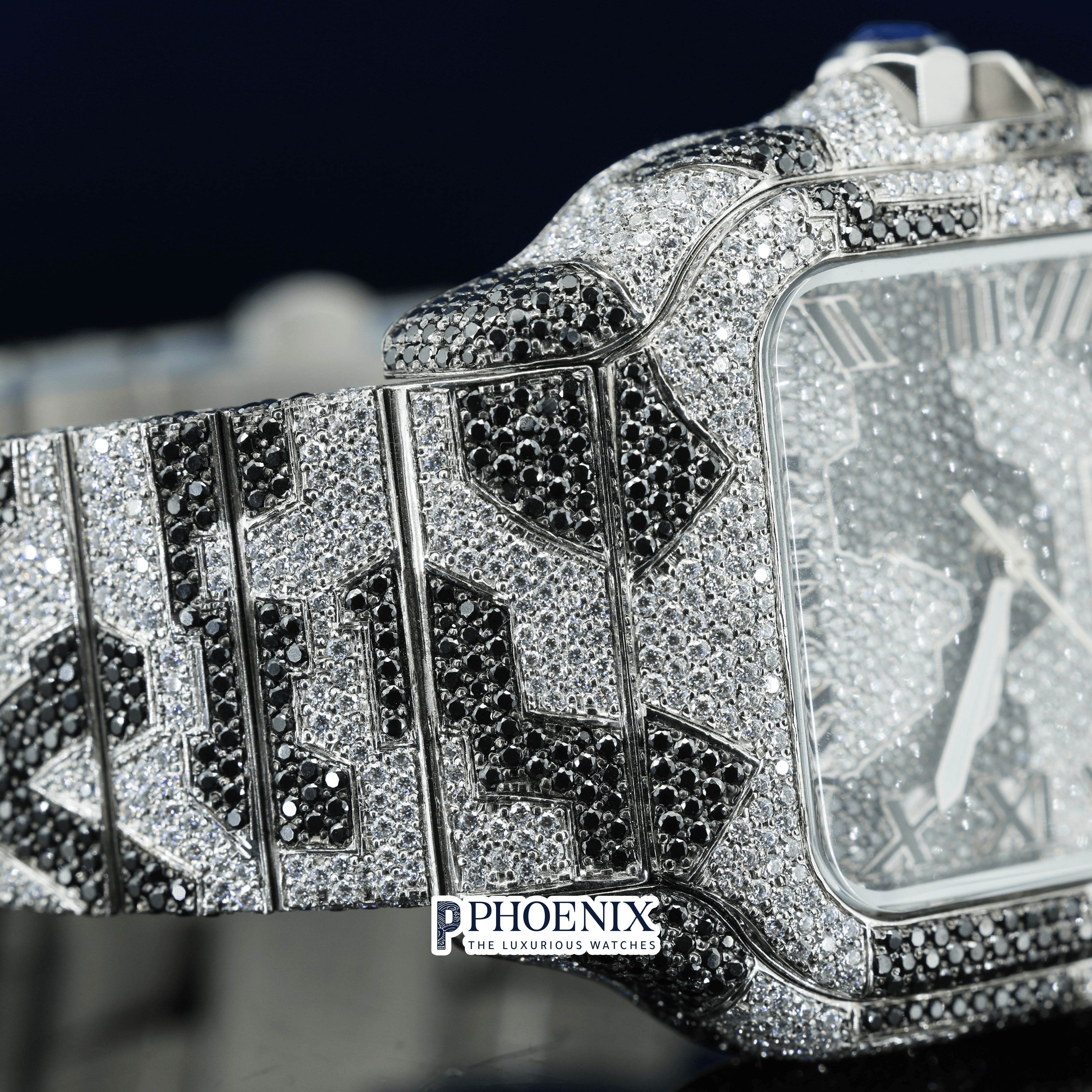 Roman Dial Black Camouflage Iced Out Strap Moissanite Cartier Watch
