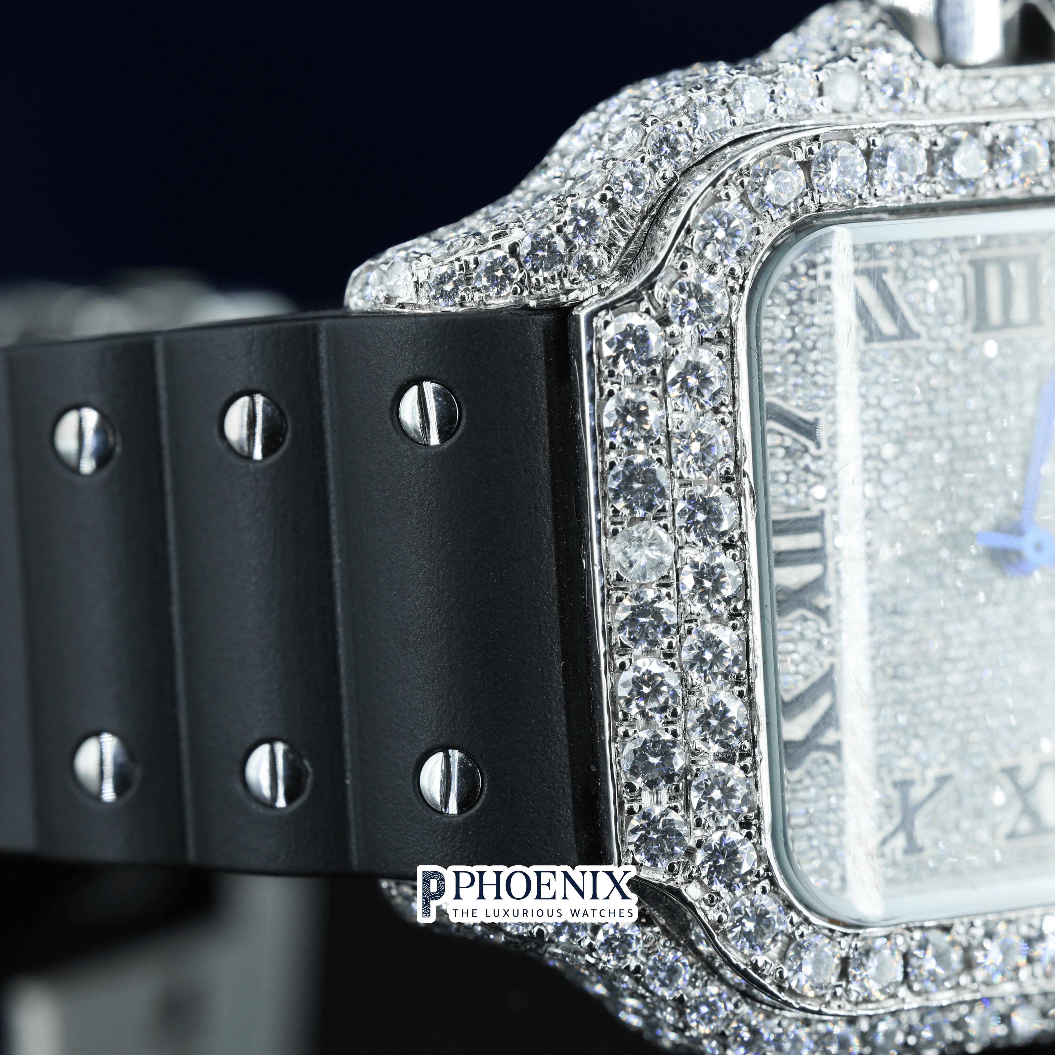 White Dial Black Roman Numerals Black Leather Strap Moissanite Diamond Cartier Watch