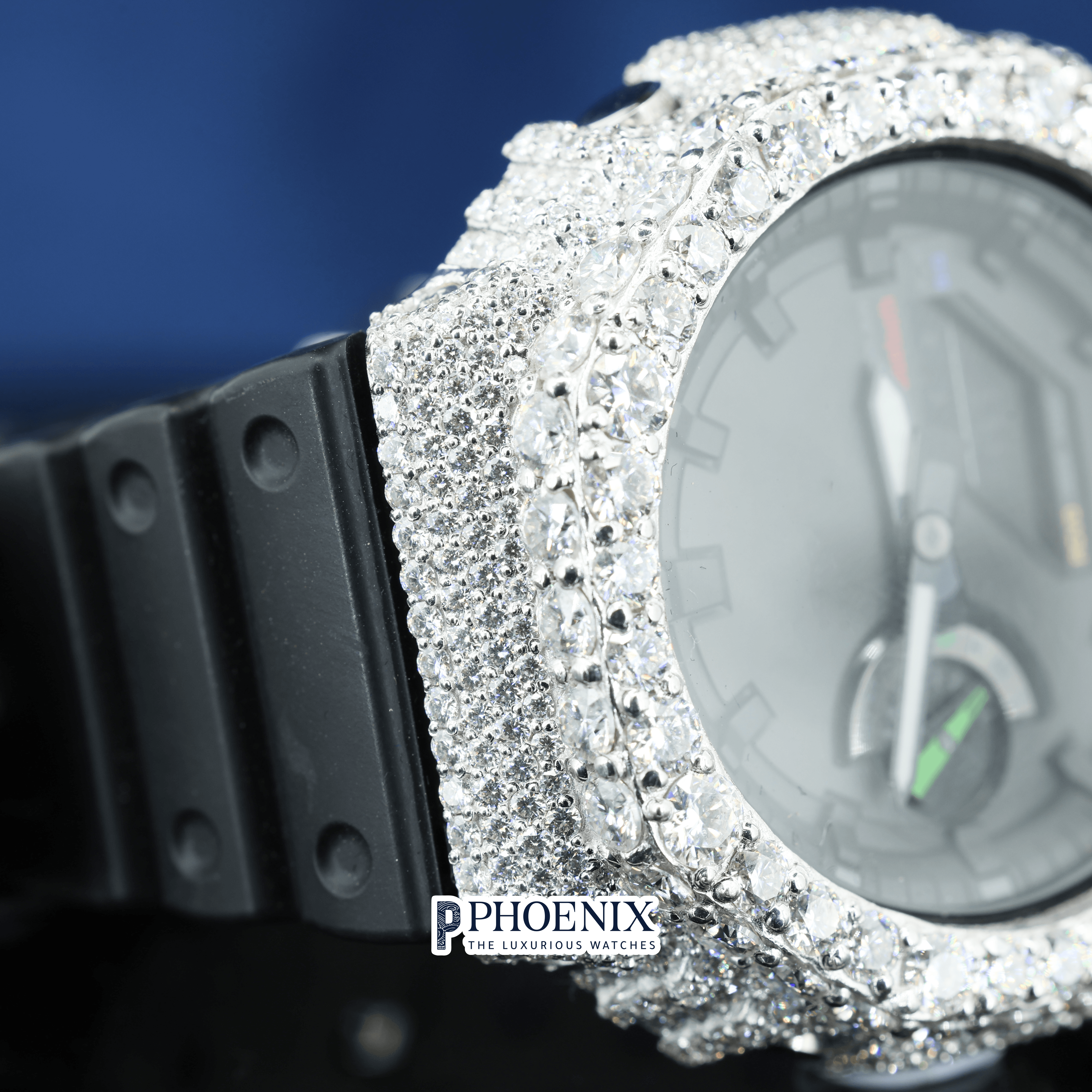 Custom Black Dial Iced Out Gshock Watch with Black Strap and Multicolor Markers