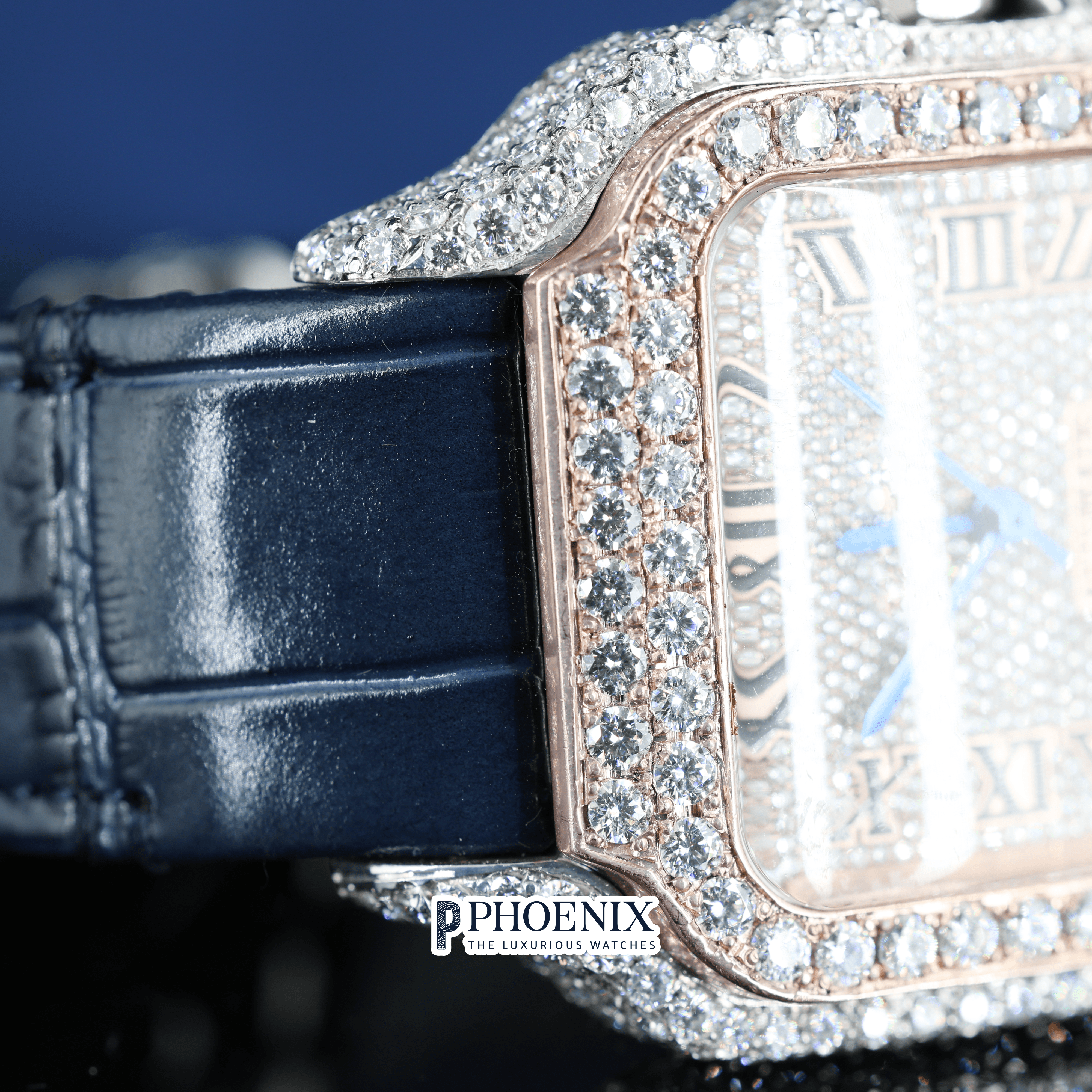 Rose Gold Roman Dial Semi Iced Out Blue Leather Strap Moissanite Cartier Watch