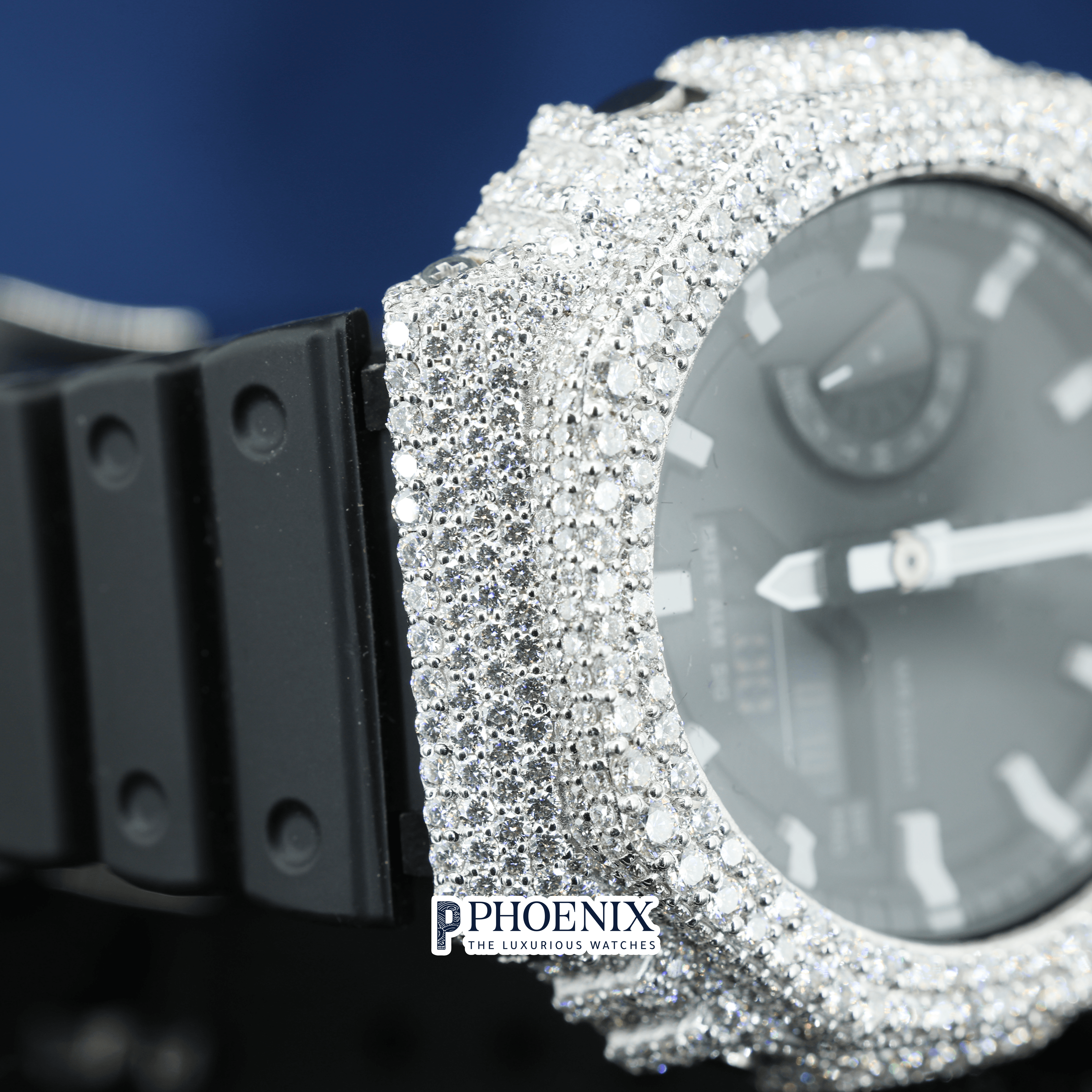 Custom Black Dial Iced Out White Gshock Watch with Black Strap and White Markers