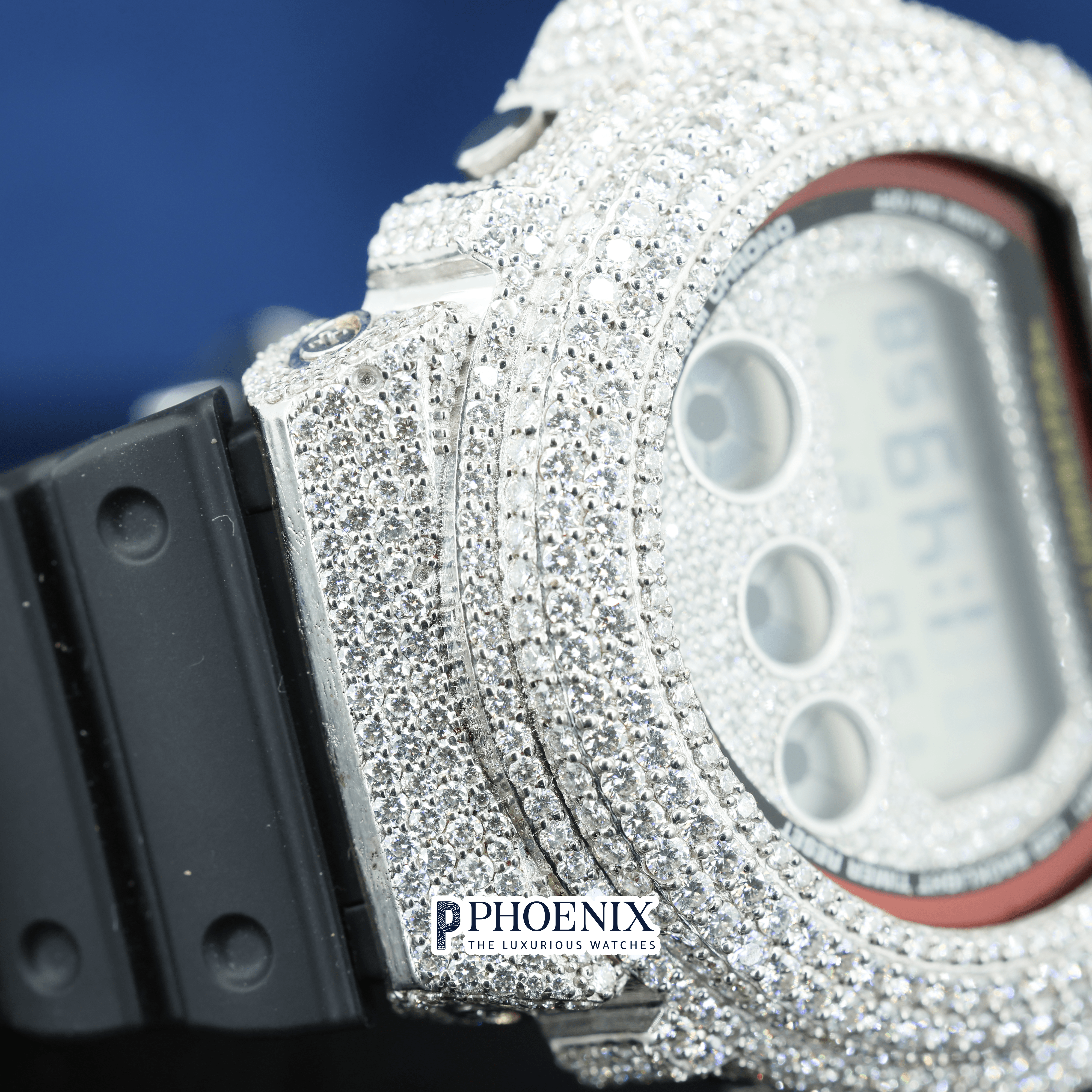 Custom Dial Iced Out White Digital Gshock Watch with Black Strap
