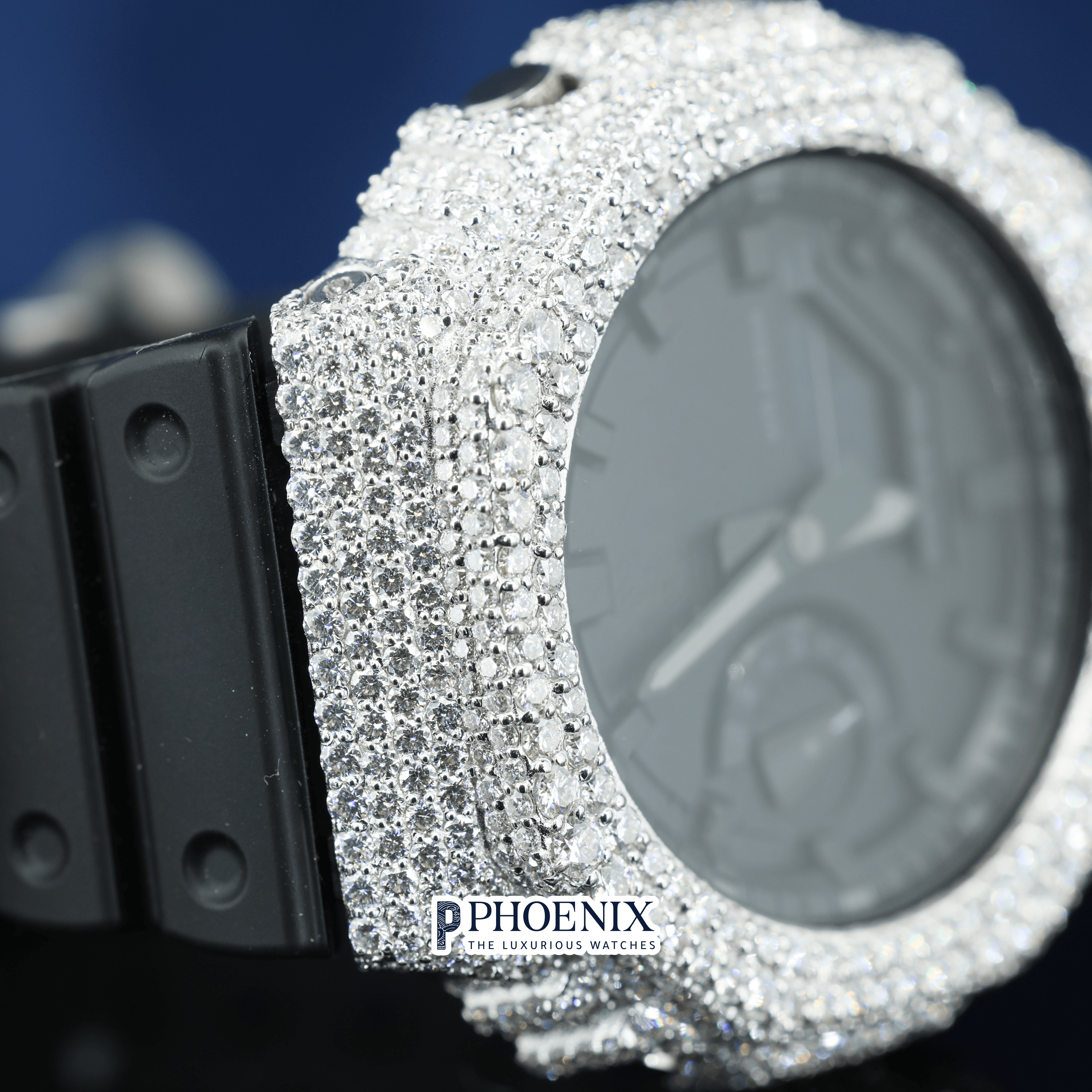 Custom Black Dial Iced Out White Gshock Watch with Black Strap