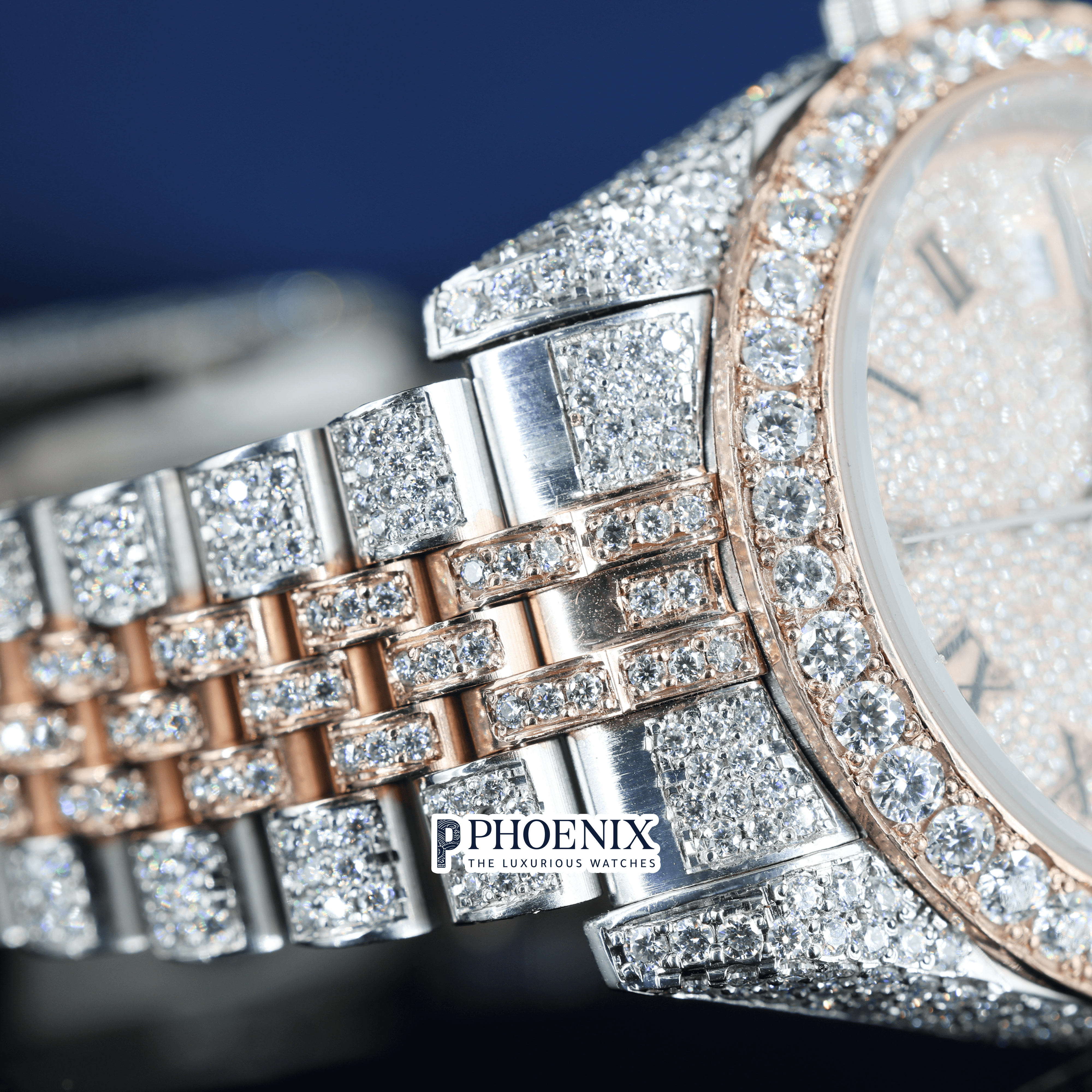 Rose Gold Dial Roman Numerals Fully Iced Out Moissanite Diamond Rolex Watch