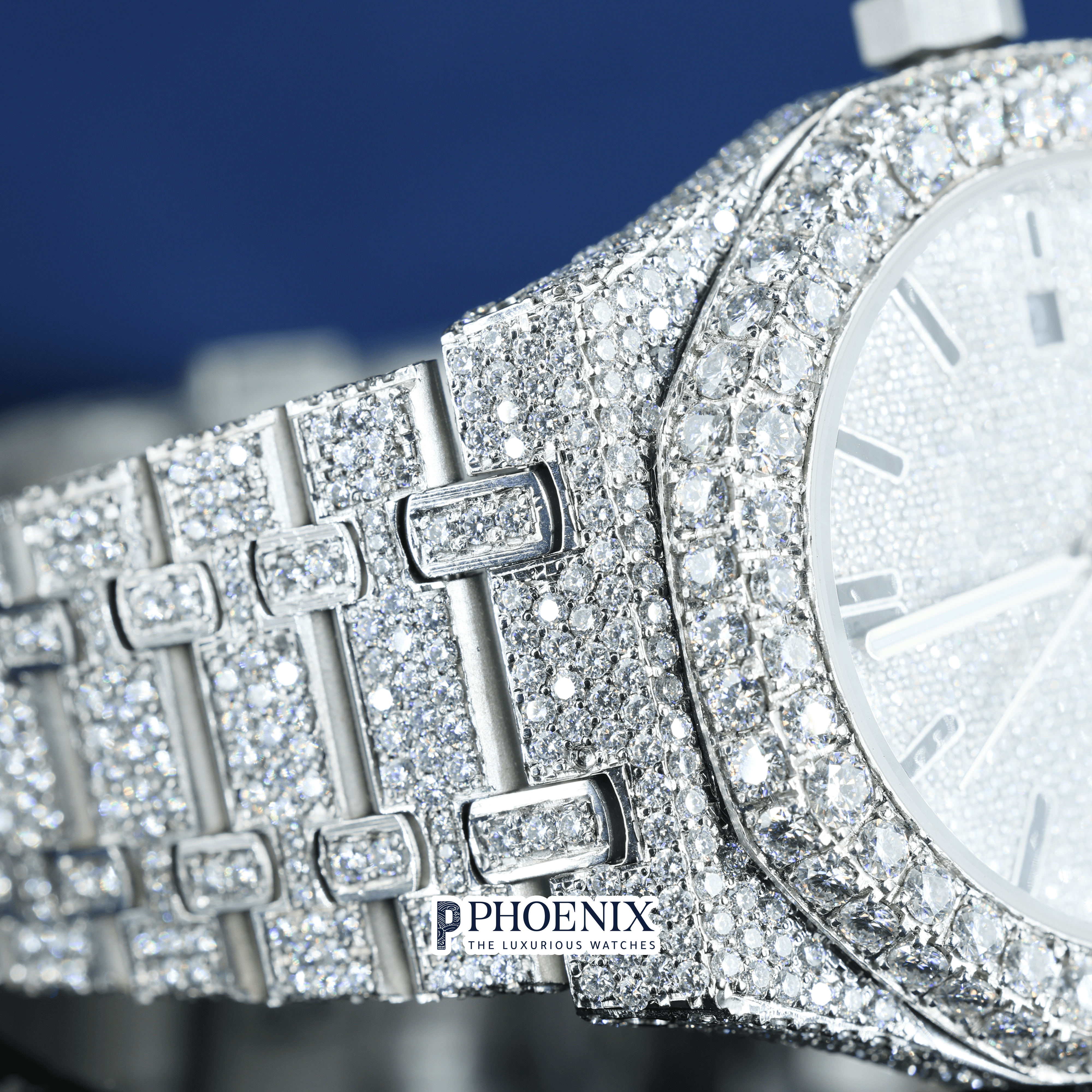 Black Stick Dial White Gold Fully Iced Out Moissanite AP Watch