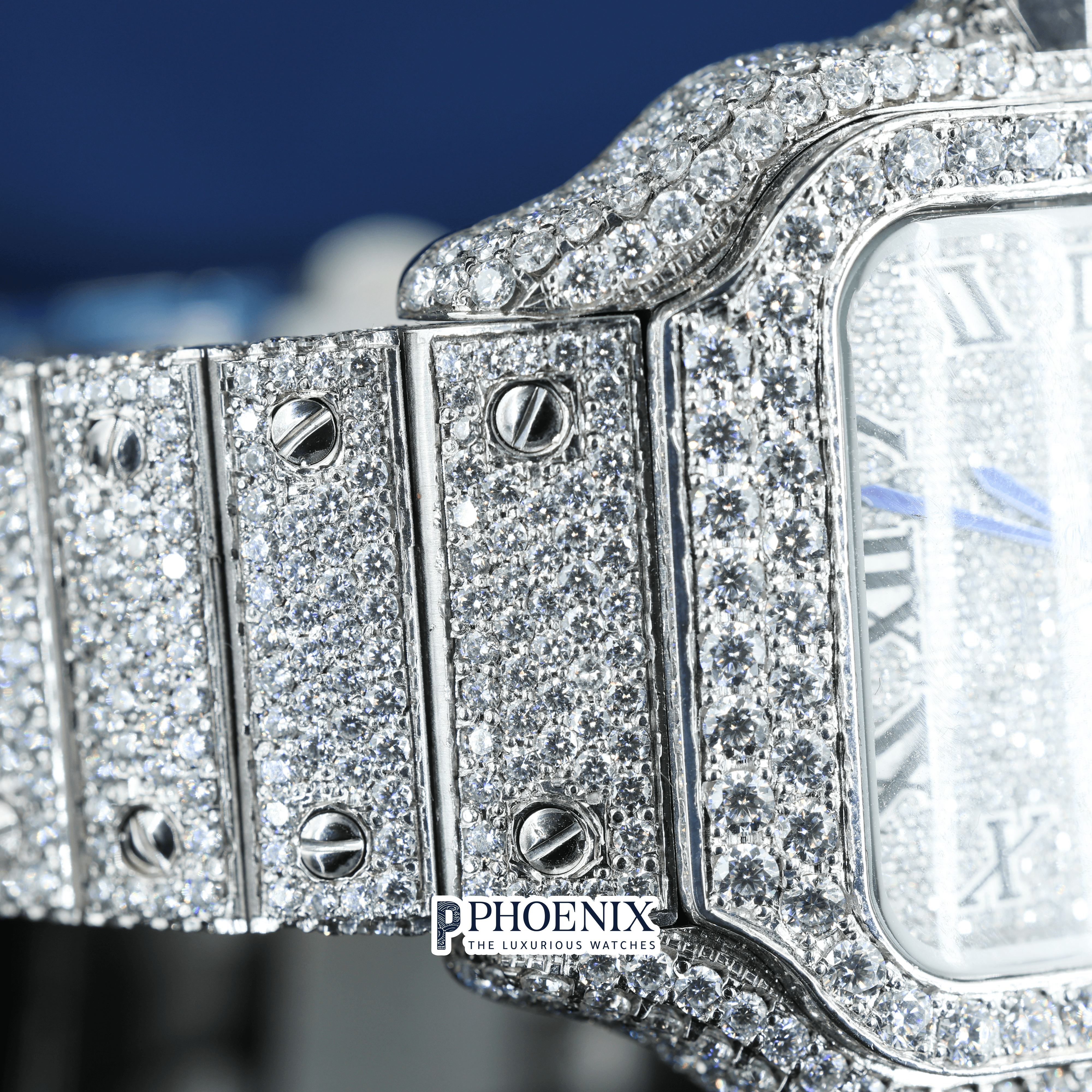 Black Roman Numerals White Dial Black Hands Full Iced Out Moissanite Cartier Watch