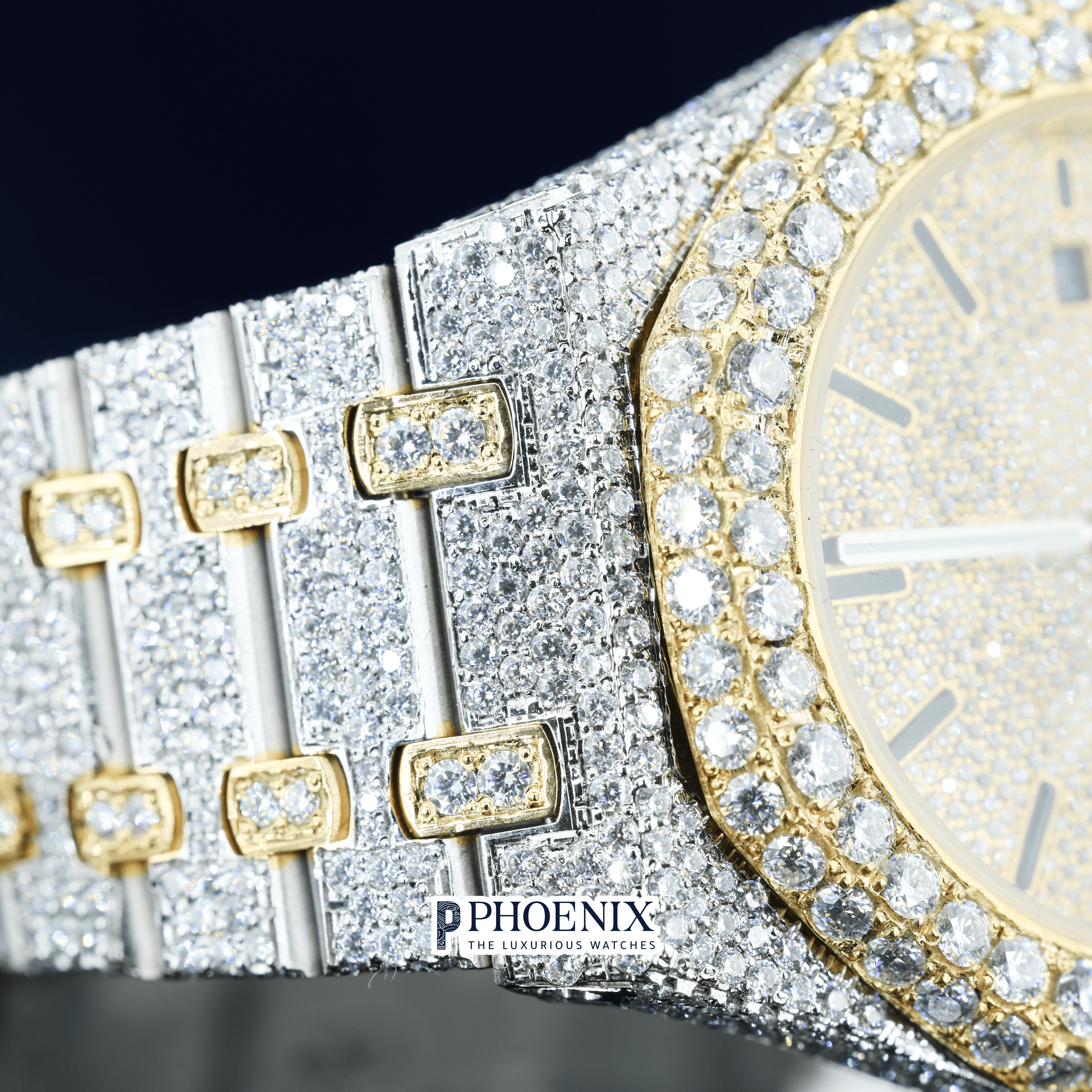 Yellow Dial Black Stick Markers Two Tone Iced Out Moissanite Diamond AP Watch