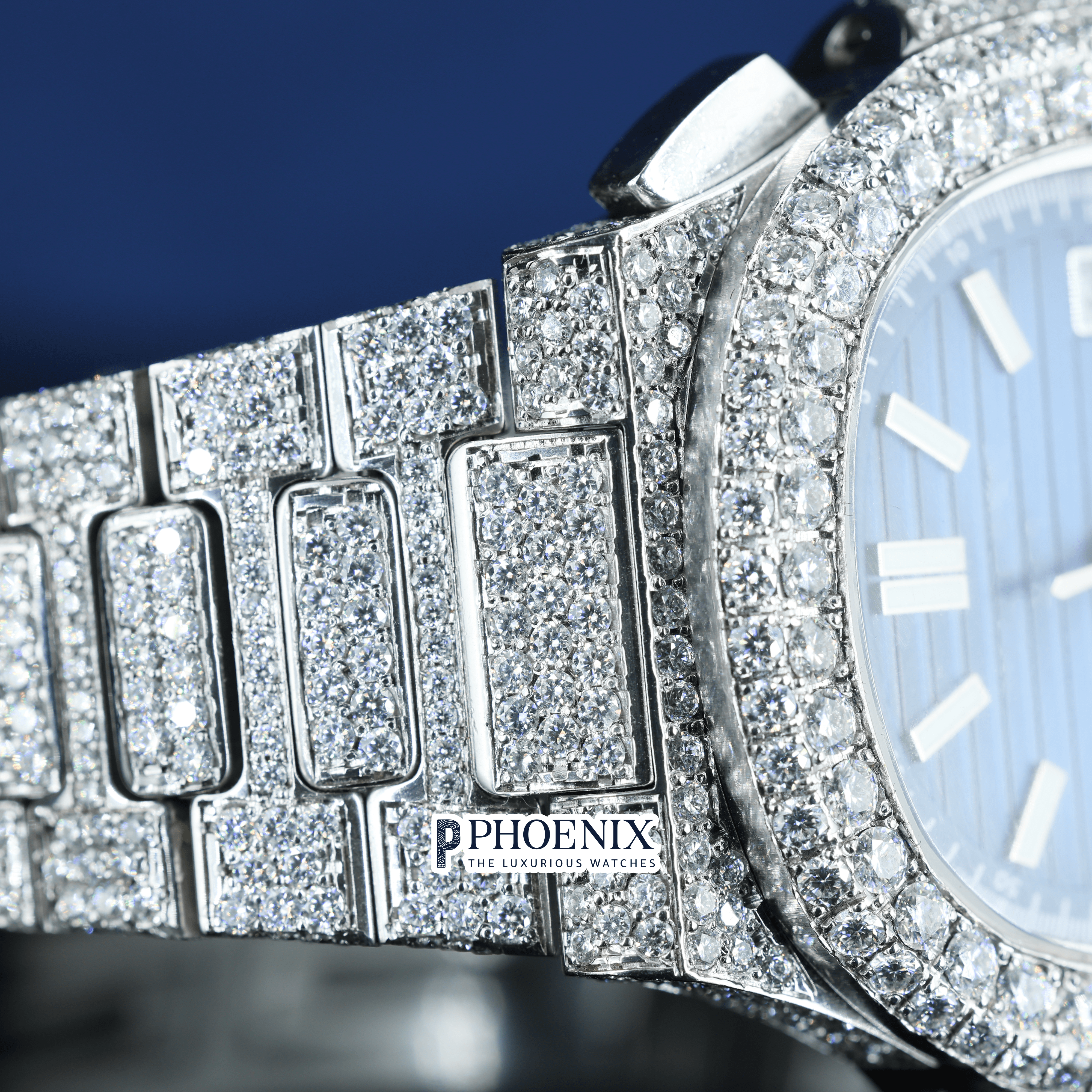 Patek Philippe Blue Dial Watch Moissanite Diamonds