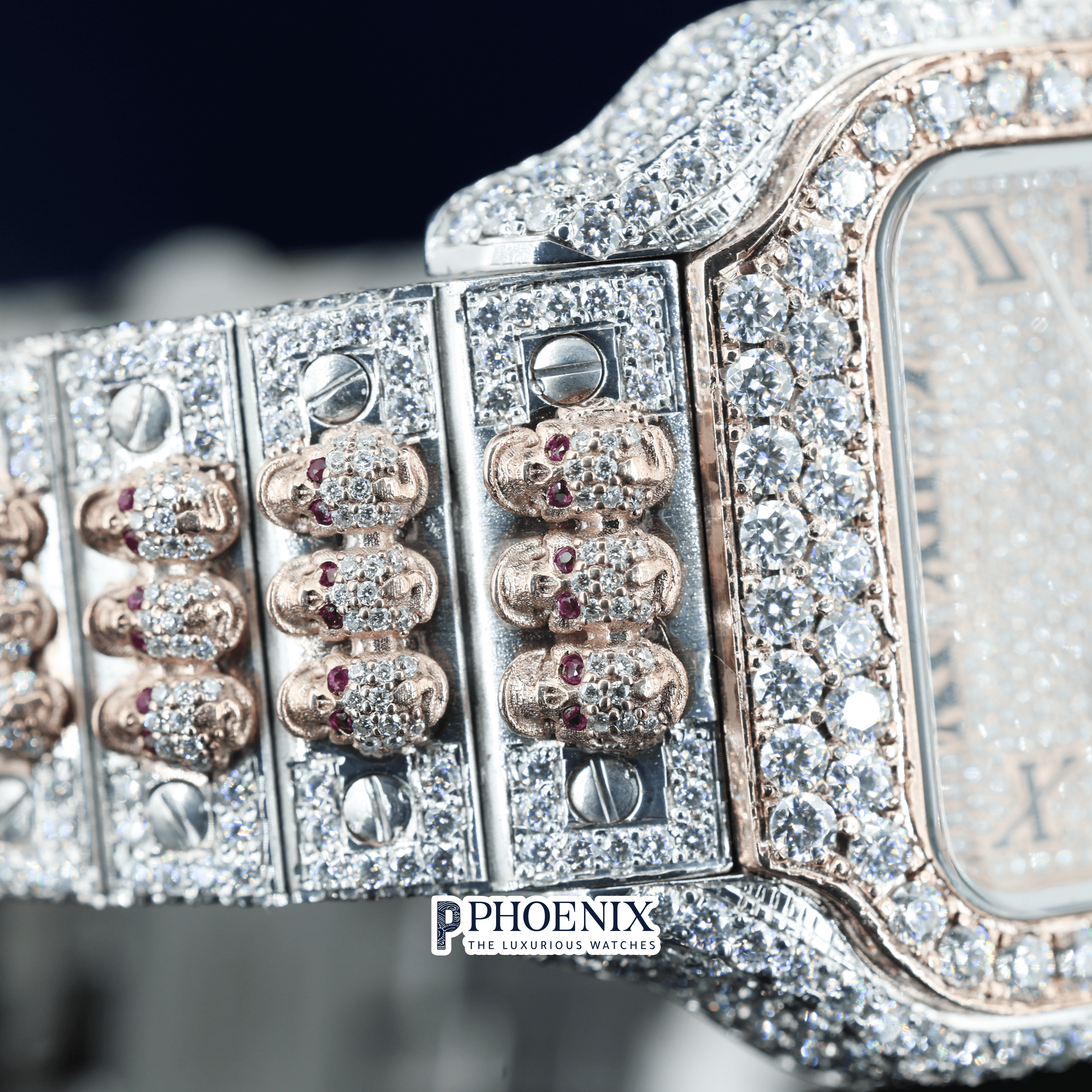Rose Gold Dial Black Roman Numerals Moissanite Diamond Cartier Watch