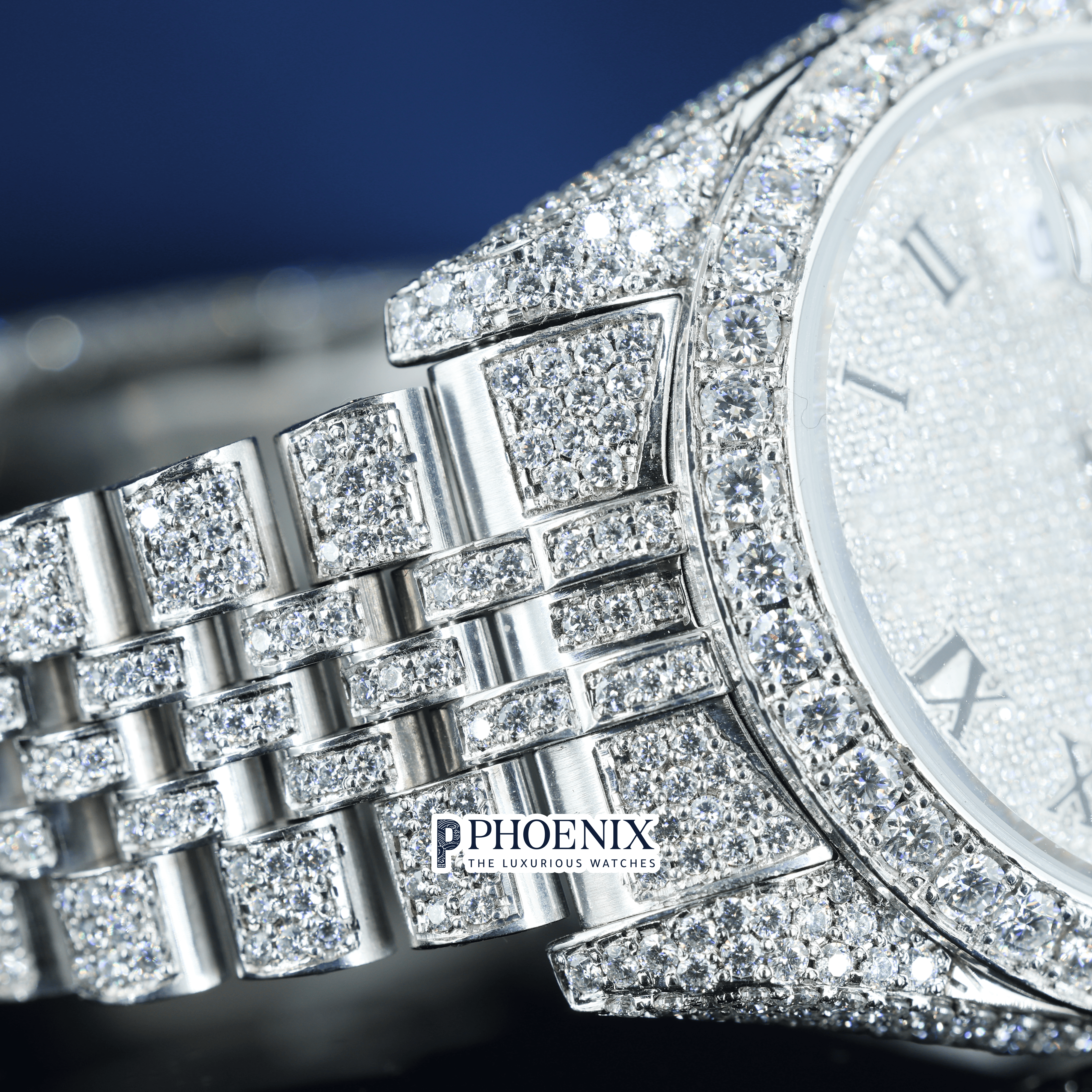 Fully Iced Out White Dial Roman Black Numerals Moissanite Rolex Watch