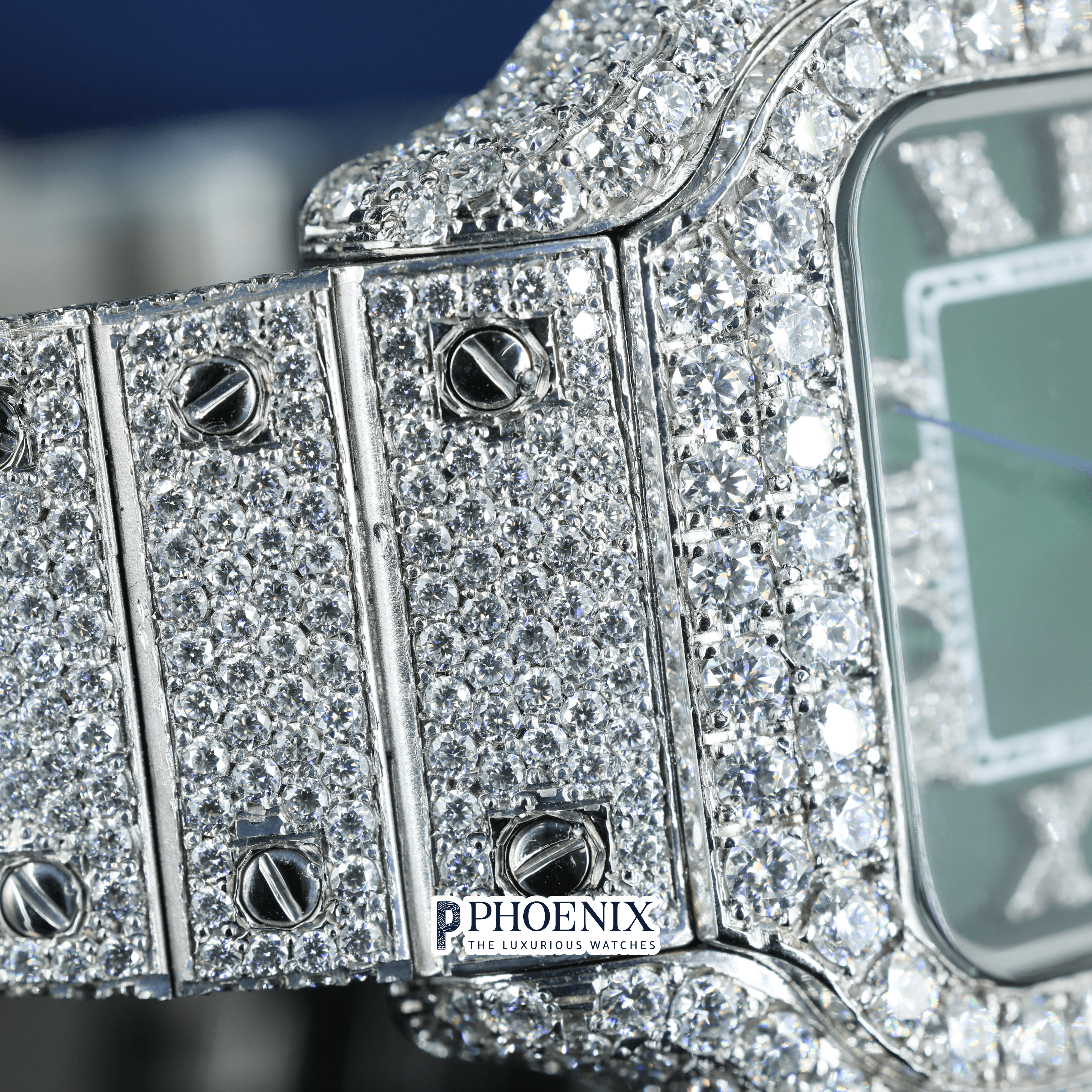 Green Dial Roman Numerals Fully Iced Out Moissanite Diamond Cartier Watch