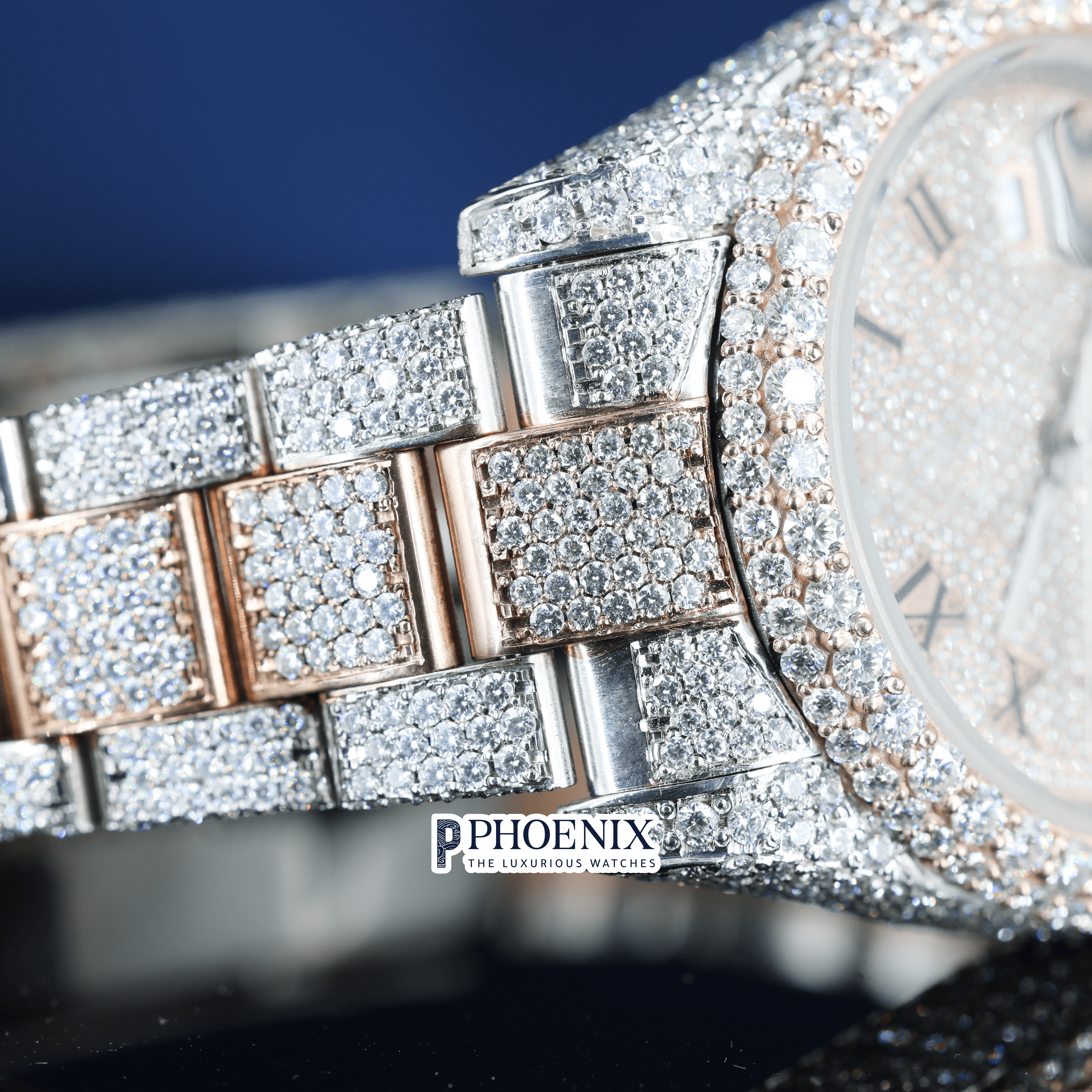 Rose Gold Roman Black Numerals Iced Out Moissanite Rolex Watch