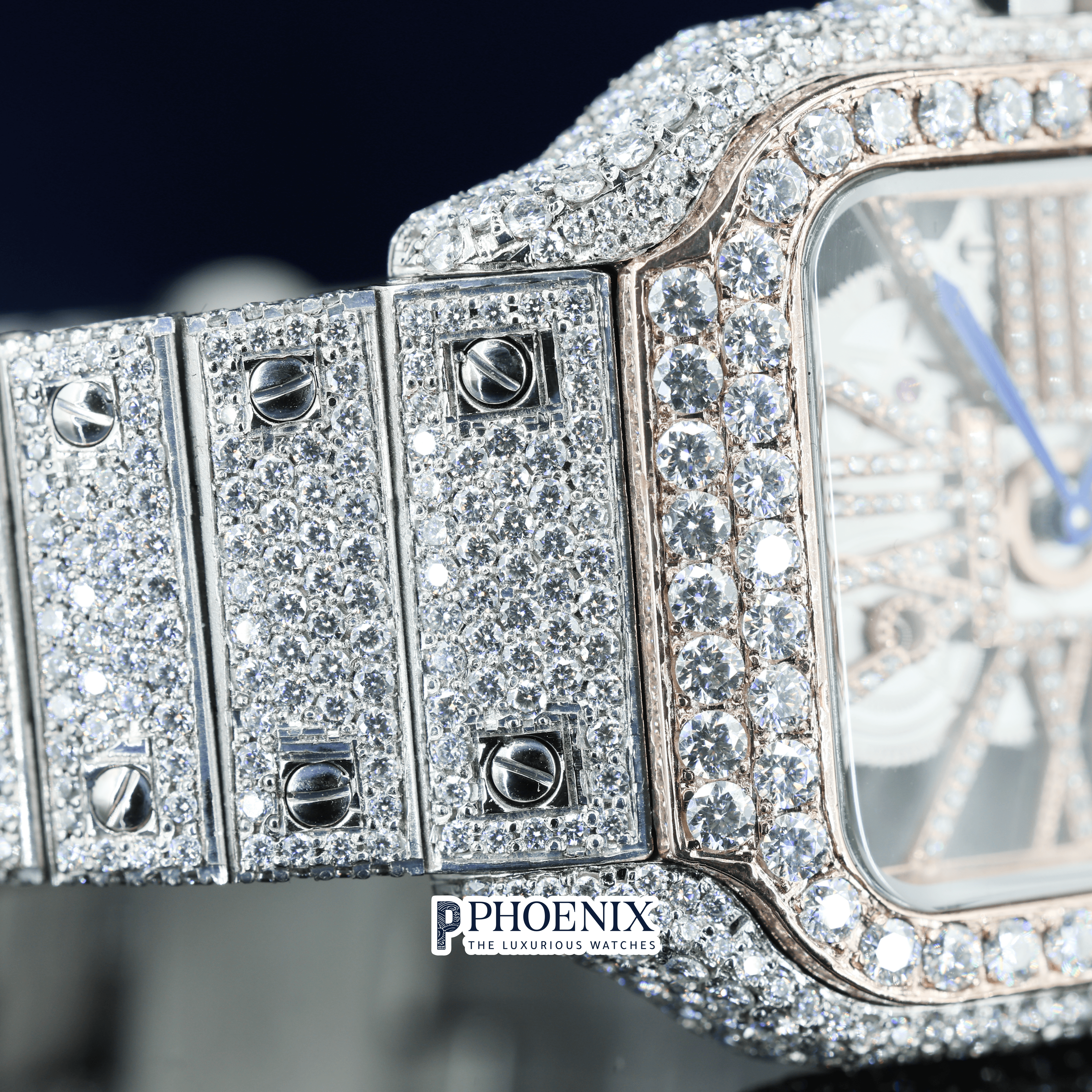 Rose Gold Skeleton Dial Two Tone Moissanite Diamond Cartier Watch