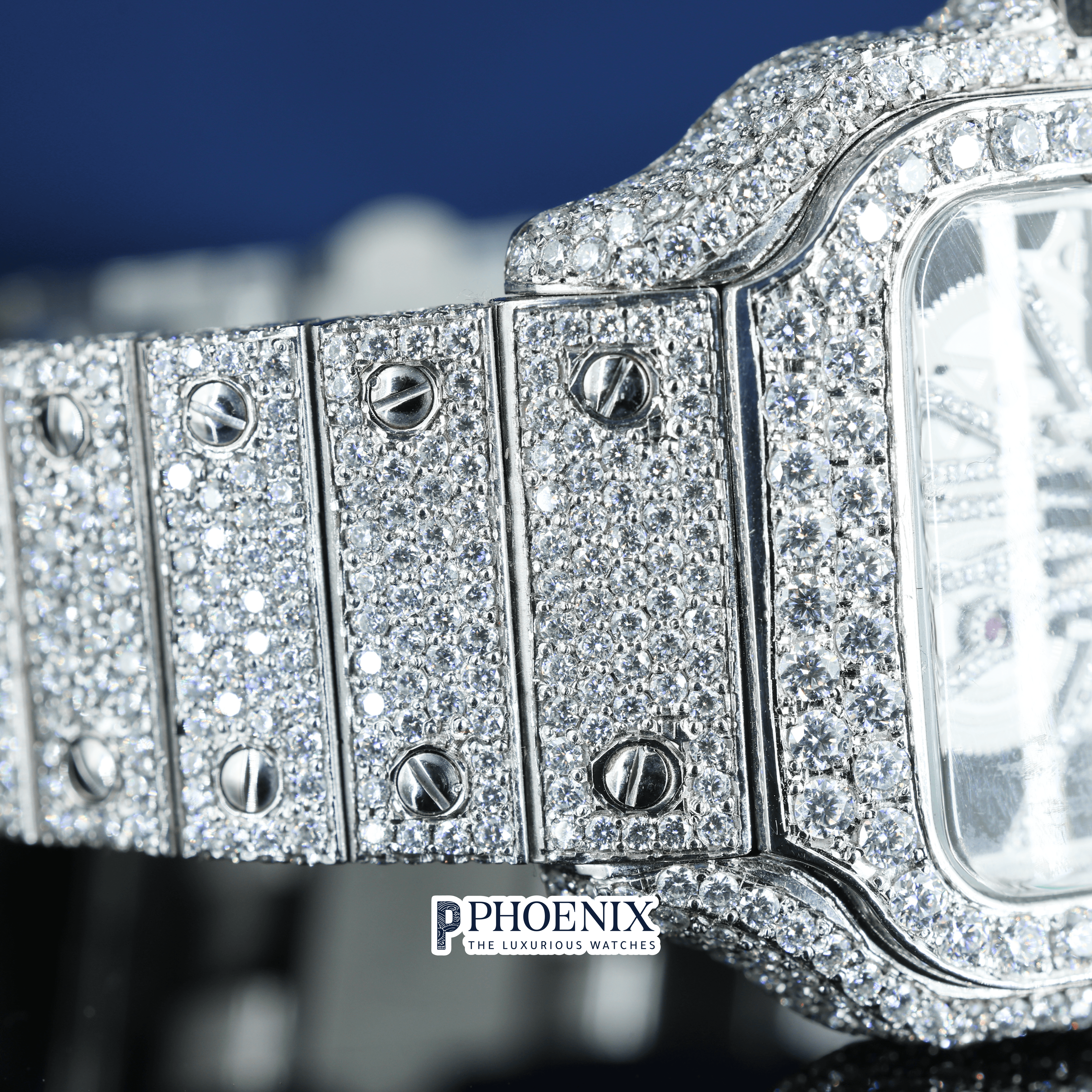 White Gold Skeleton Dial Diamond Bar Strap Moissanite Cartier Watch