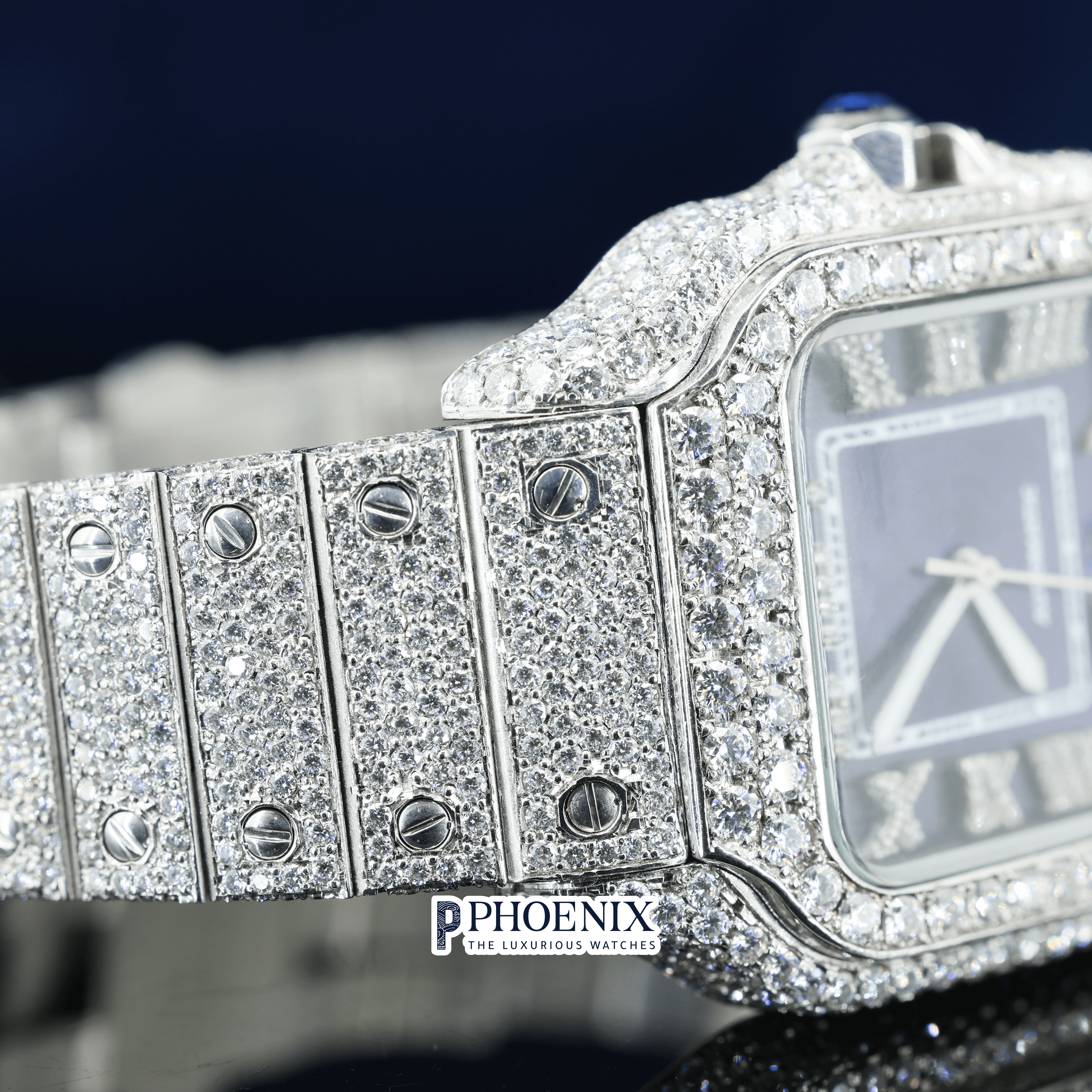 Roman Numerals Purple Dial Fully Iced Out Moissanite Diamond Cartier Watch