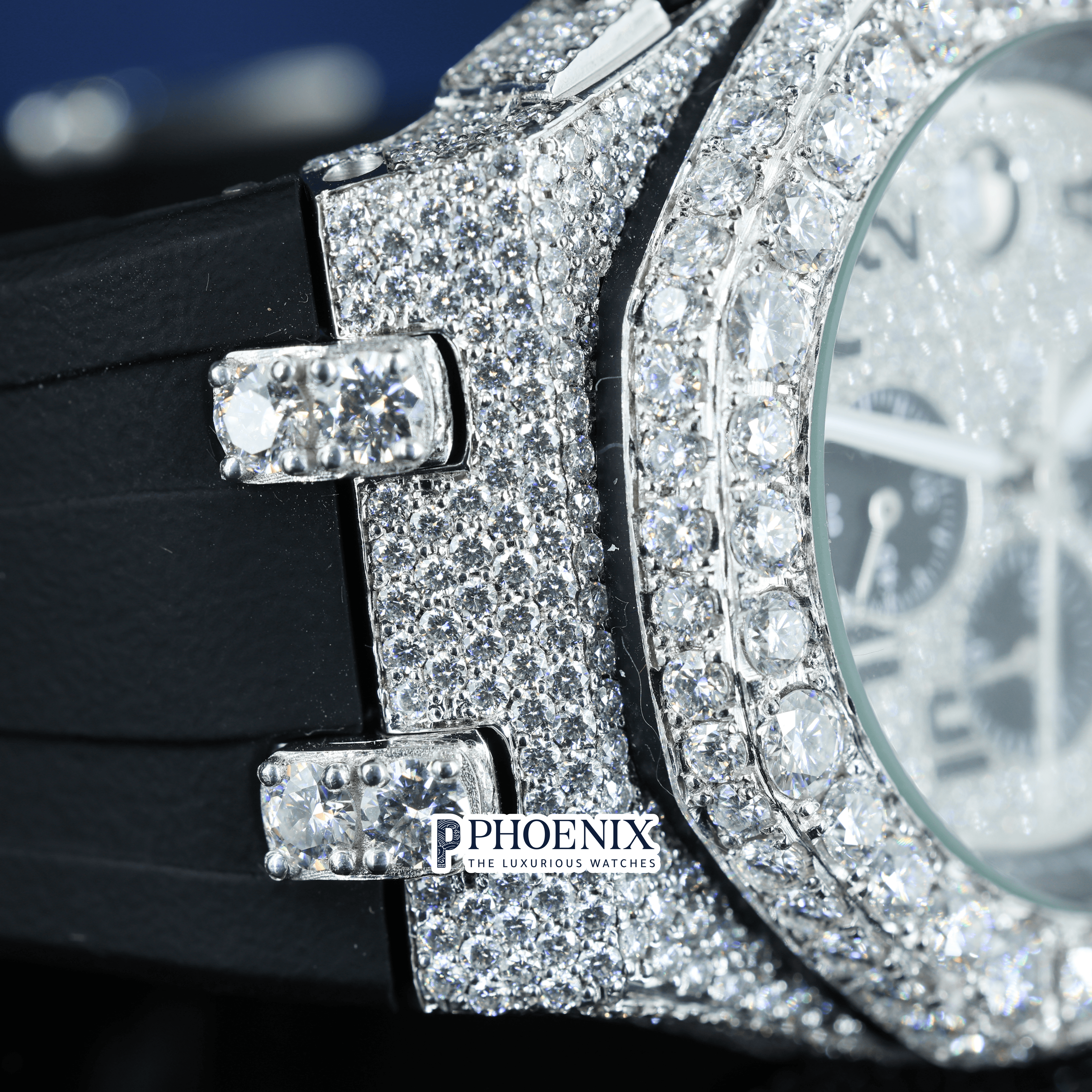 White Dial Chronograph Black Rubber Strap Semi Iced Out AP Moissanite Watch