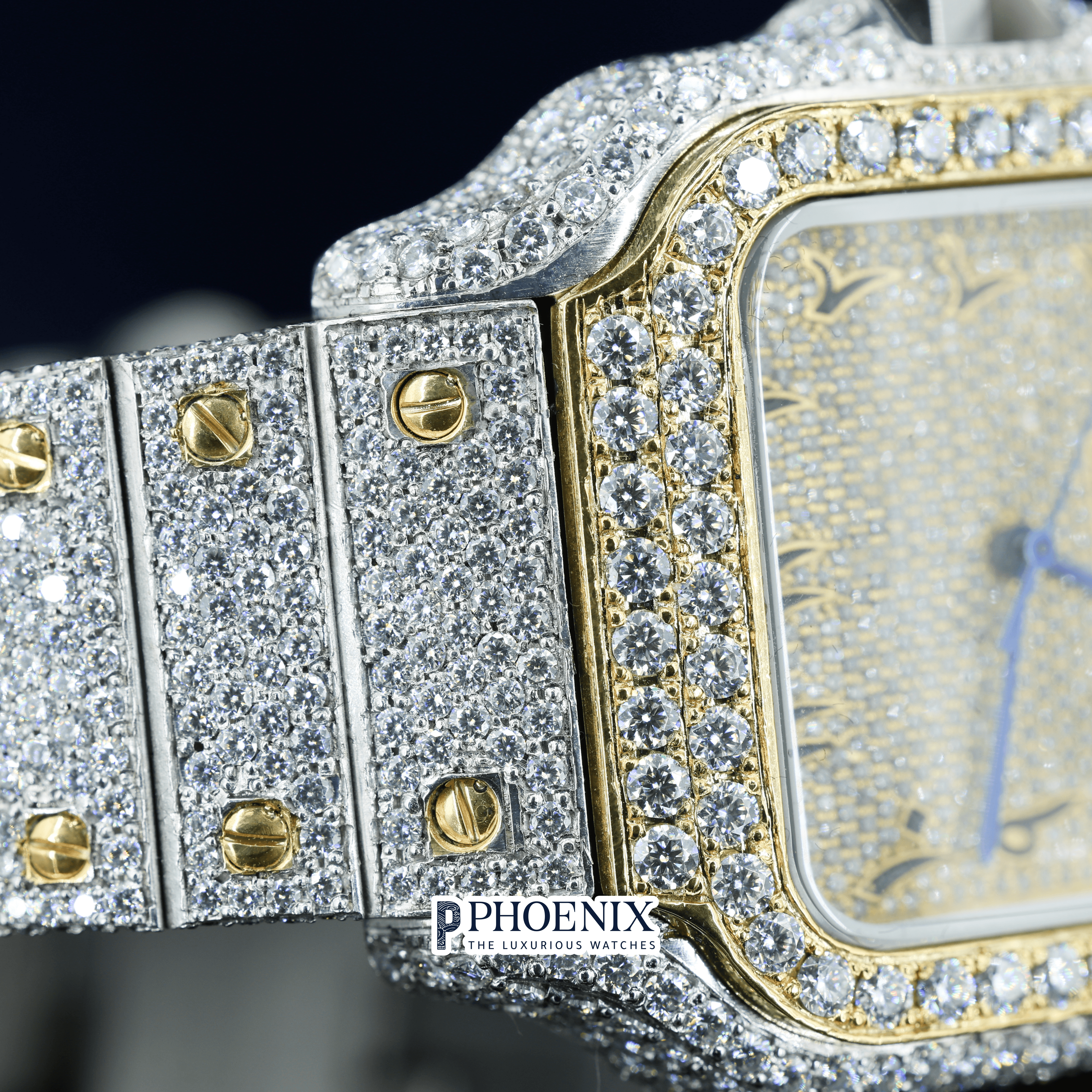 Two Tone Yellow Gold Dial Arabic Numerals Fully Iced Out Moissanite Cartier Watch