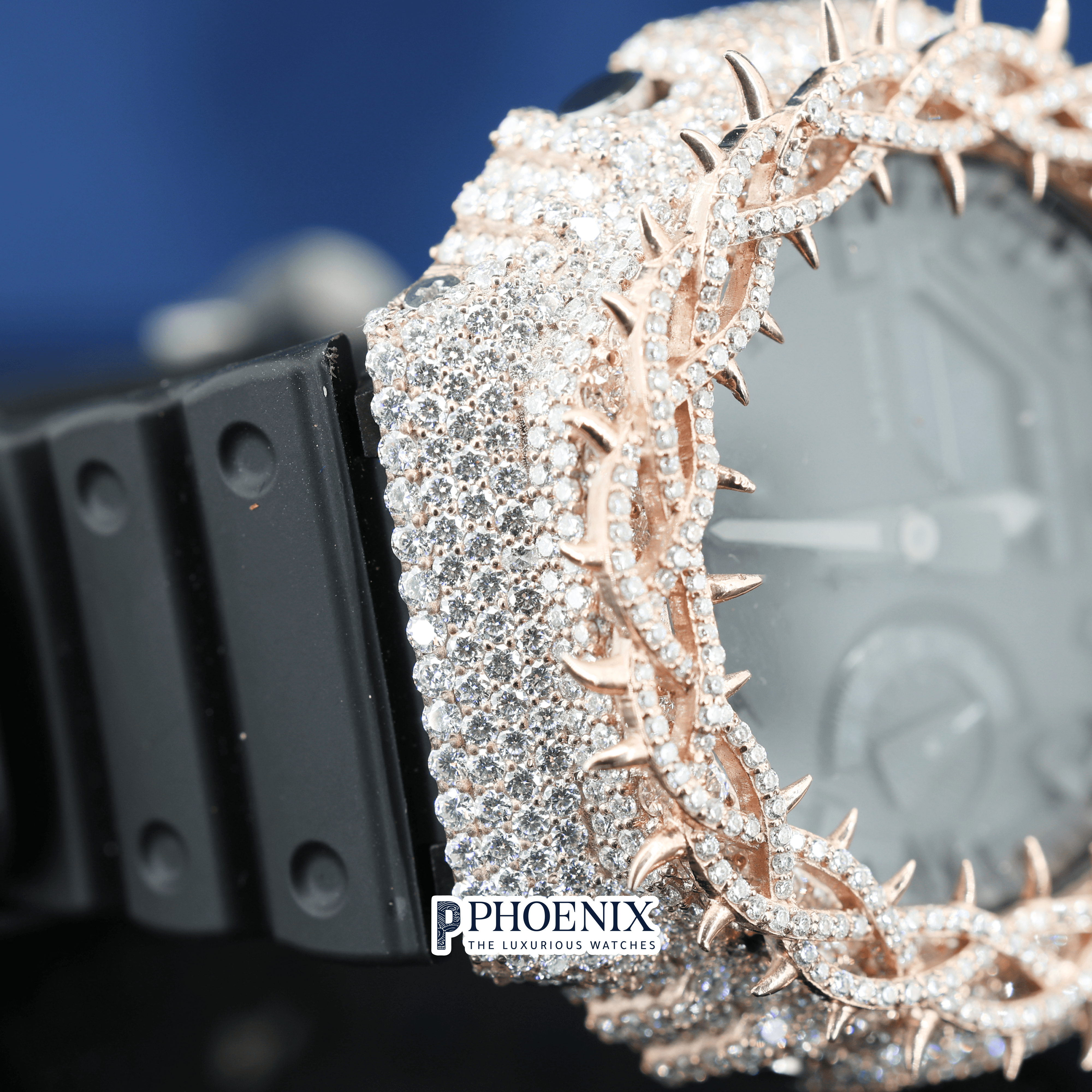 Custom Black Dial Iced Out Rose Gold Thorn Gshock Watch with Black Strap