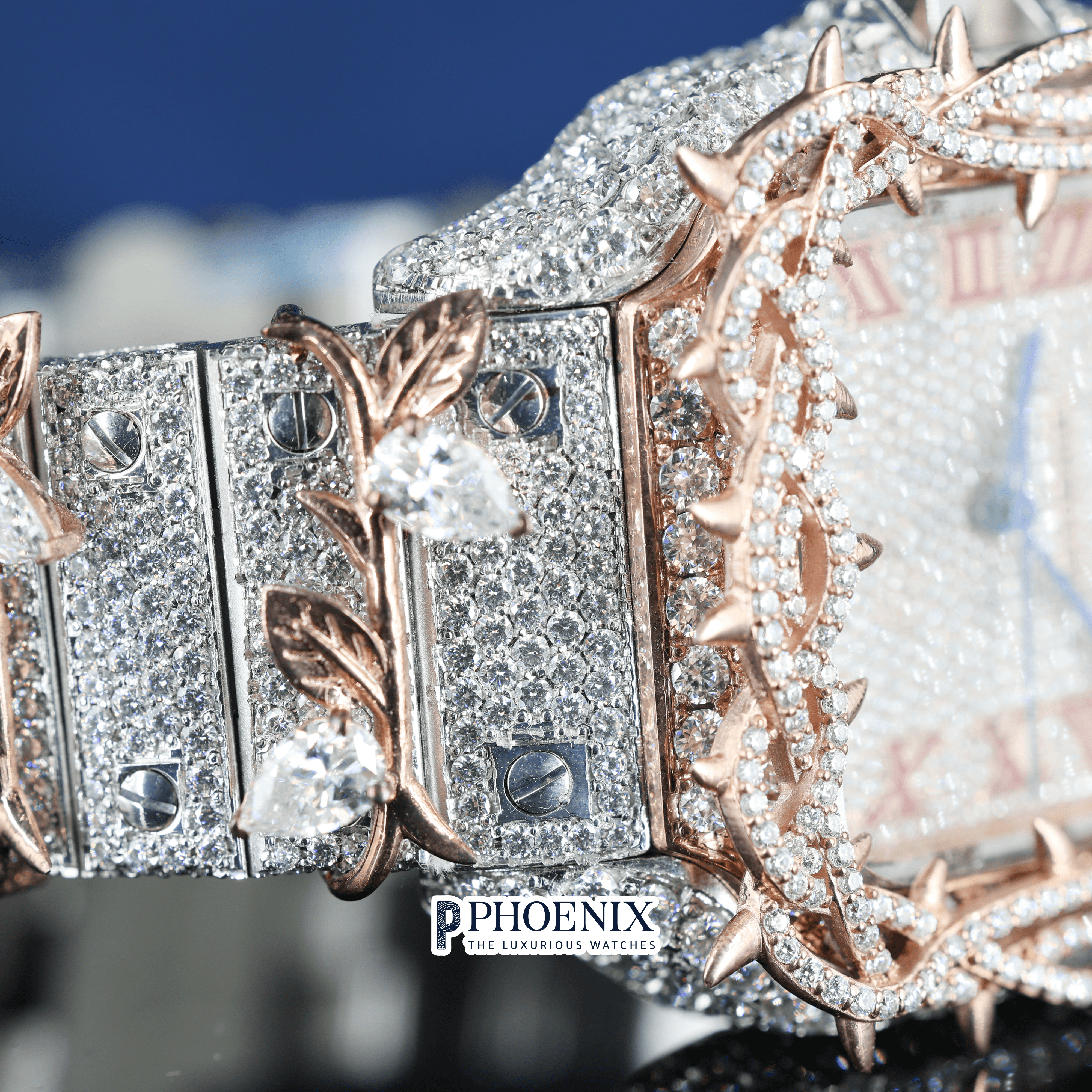 Rose Gold Roman Dial Thorn Bezel Two Tone Moissanite Diamond Cartier Watch