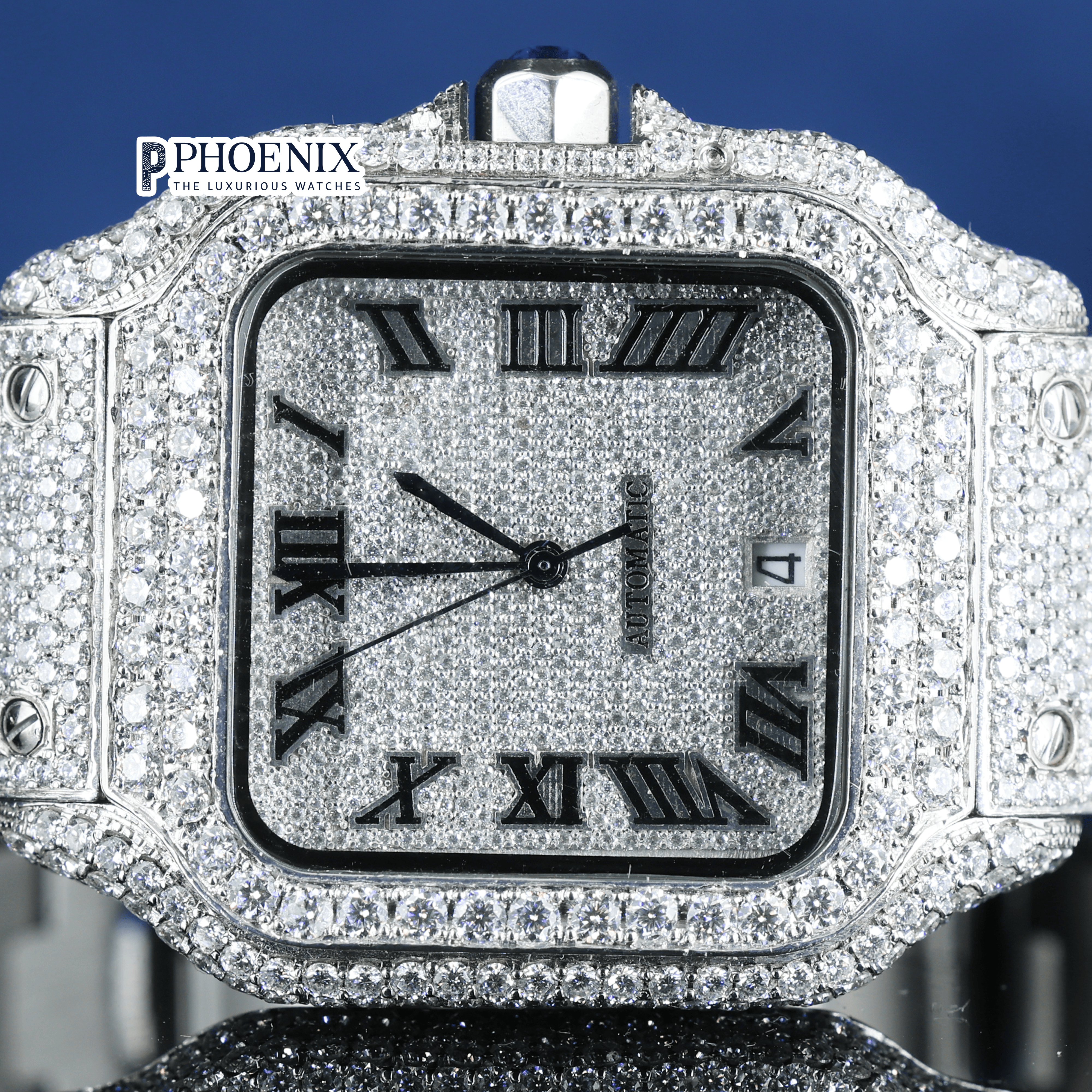 Black Roman Numerals White Dial Black Hands Full Iced Out Moissanite Cartier Watch