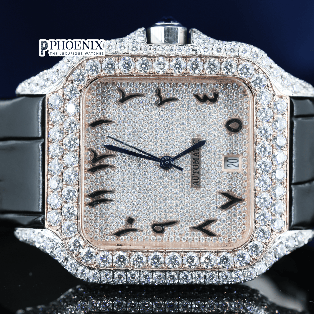 Arabic Numerals Rose Gold Dial Black Leather Strap Semi Iced Out Moissanite Cartier Watch