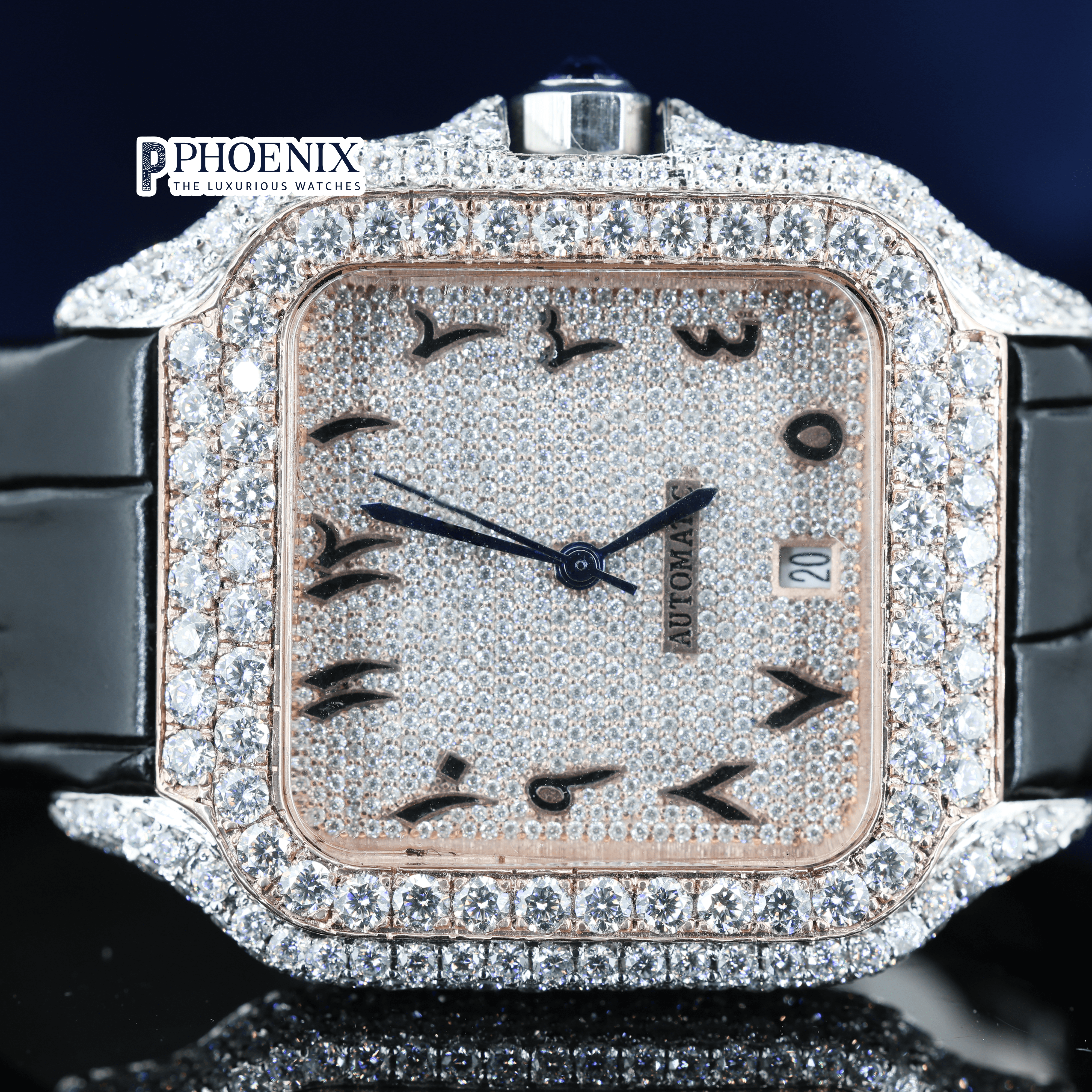 Arabic Numerals Rose Gold Dial Black Leather Strap Semi Iced Out Moissanite Cartier Watch