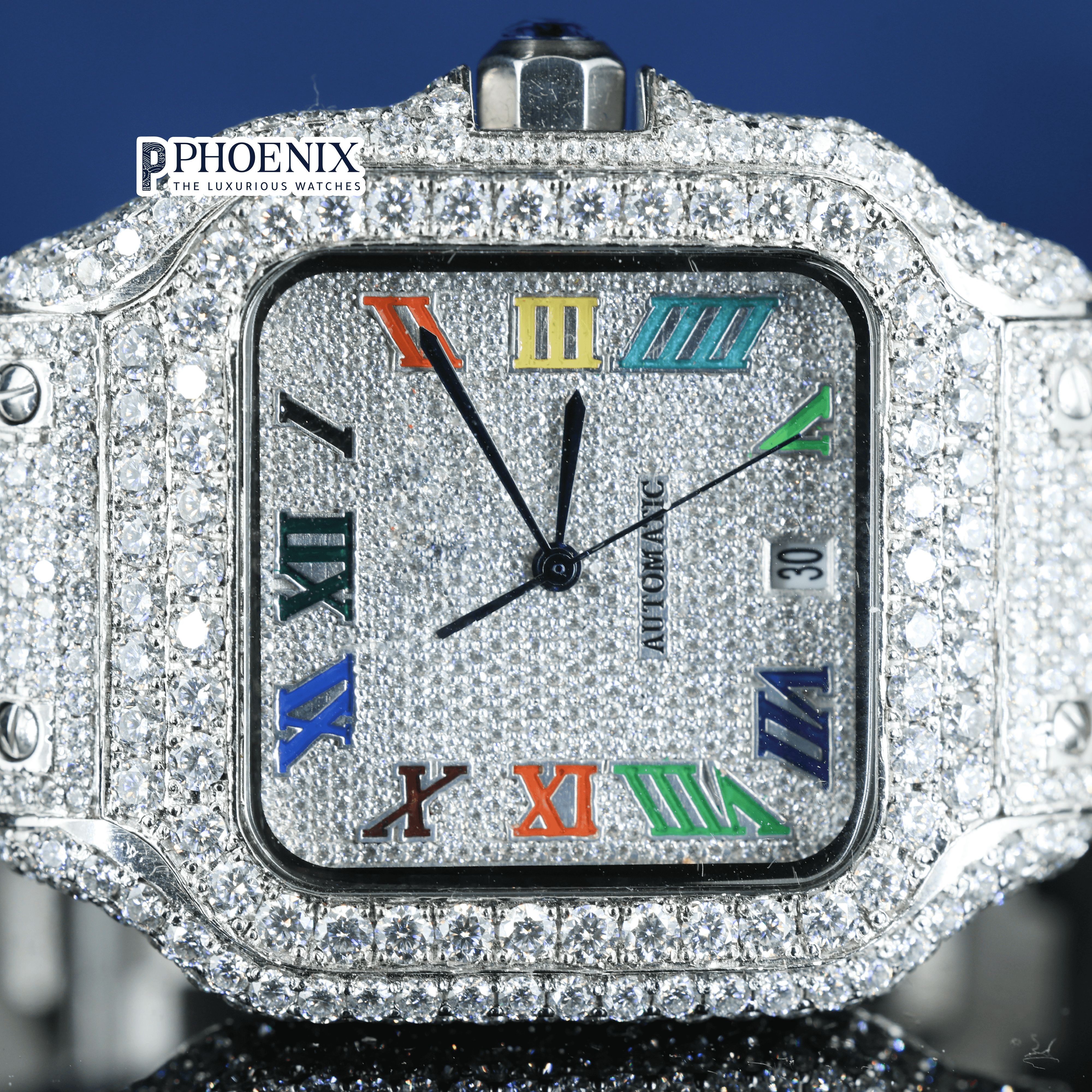 Fully Iced Rainbow Roman Numerals White Dial Moissanite Diamond Cartier Watch