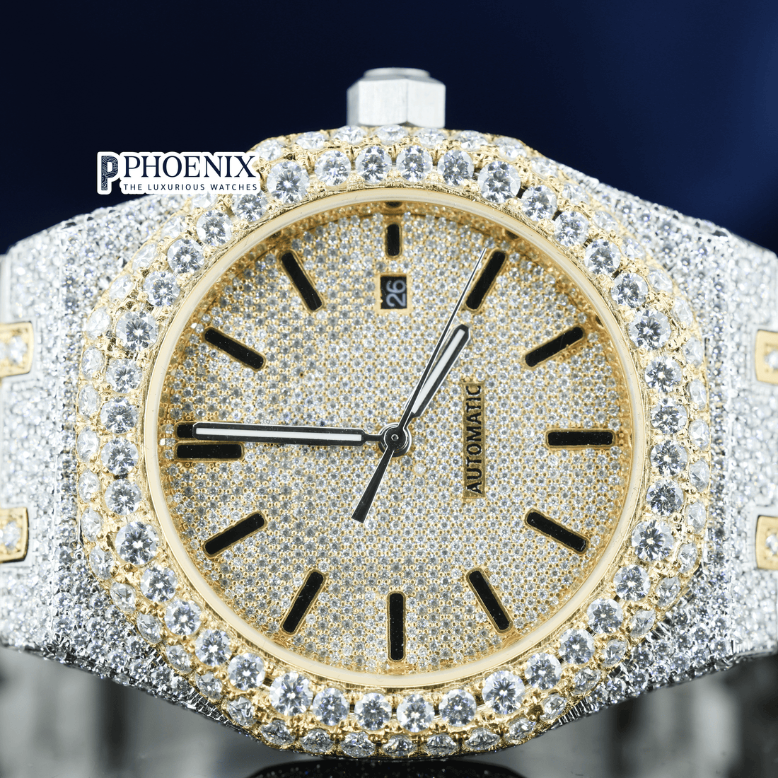 Yellow Dial Black Stick Markers Two Tone Iced Out Moissanite Diamond AP Watch