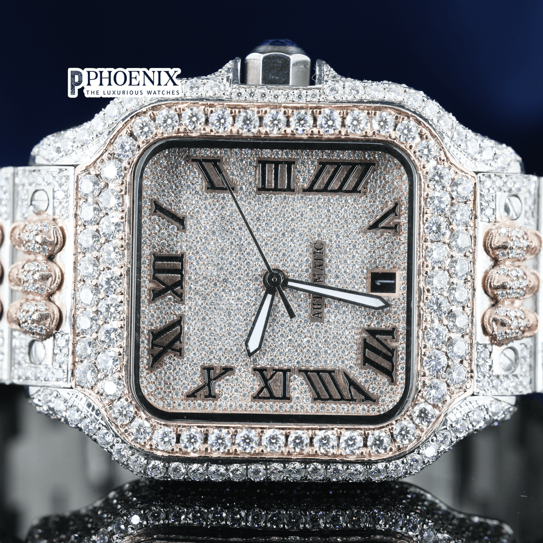 Rose Gold Dial Black Roman Numerals Moissanite Diamond Cartier Watch