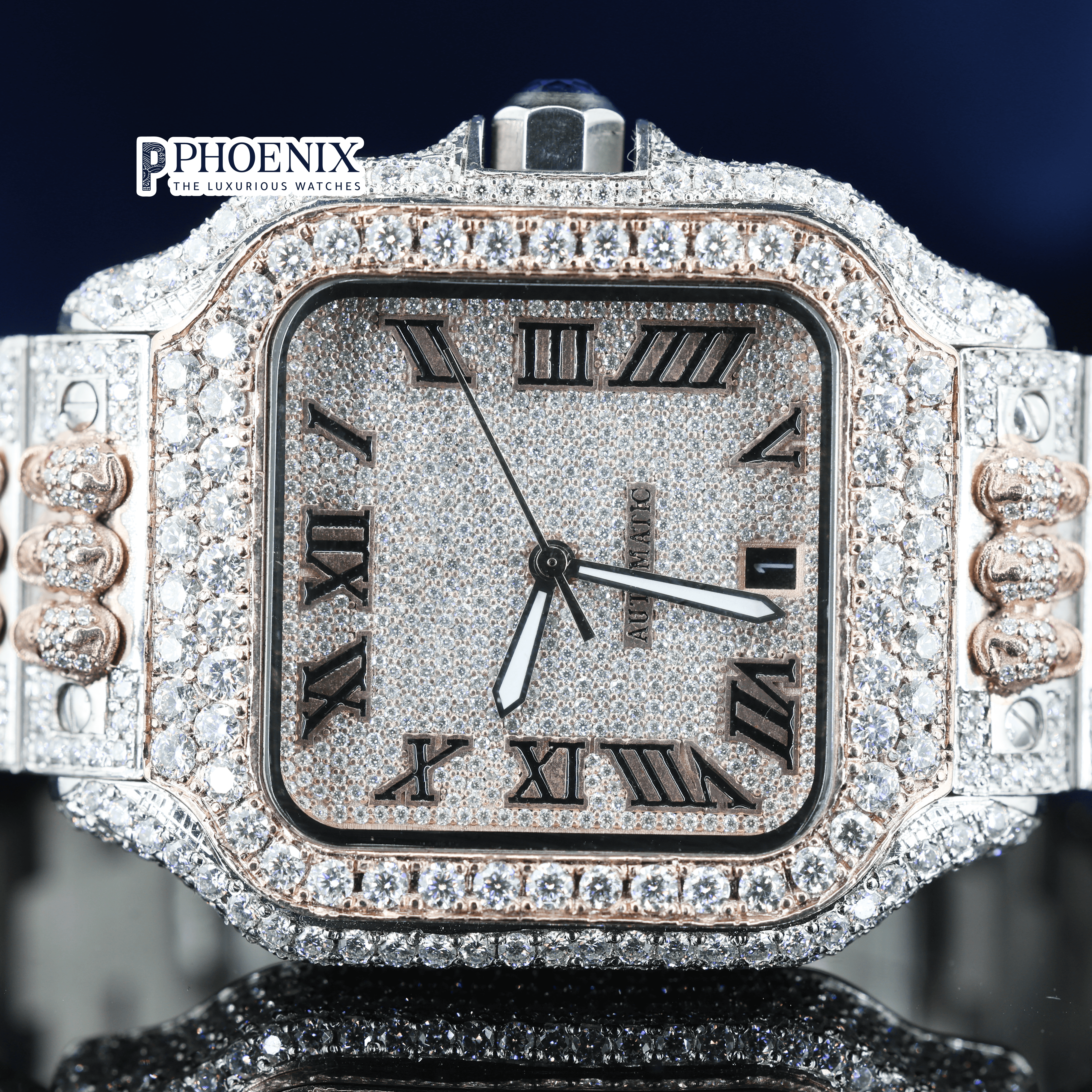 Rose Gold Dial Black Roman Numerals Moissanite Diamond Cartier Watch